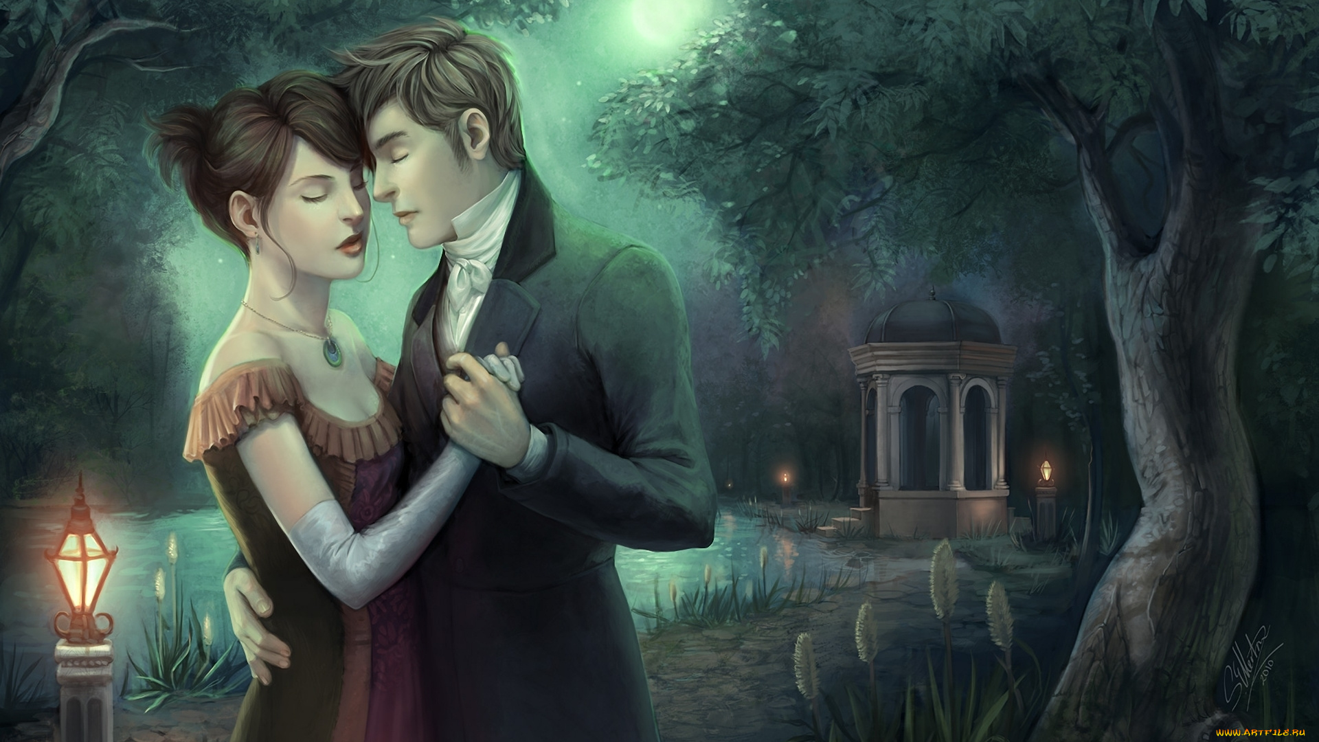 фэнтези, люди, влюбленные, девушка, озеро, беседка, парк, мужчина