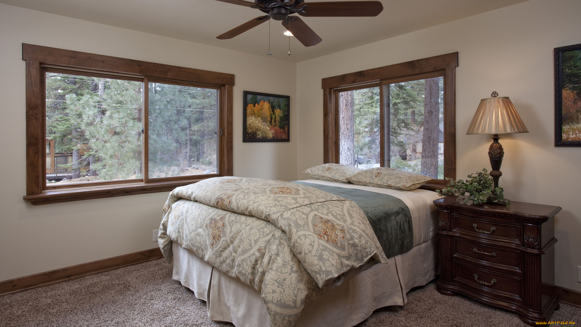 интерьер, спальня, кровать, окна