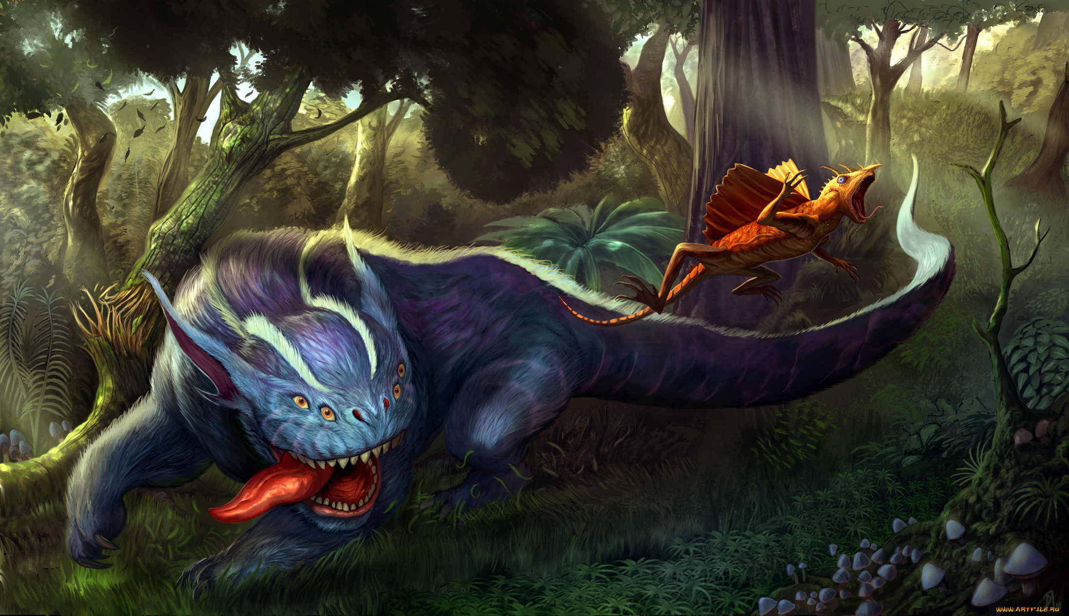 фэнтези, существа, хищник, лес, бег, охота