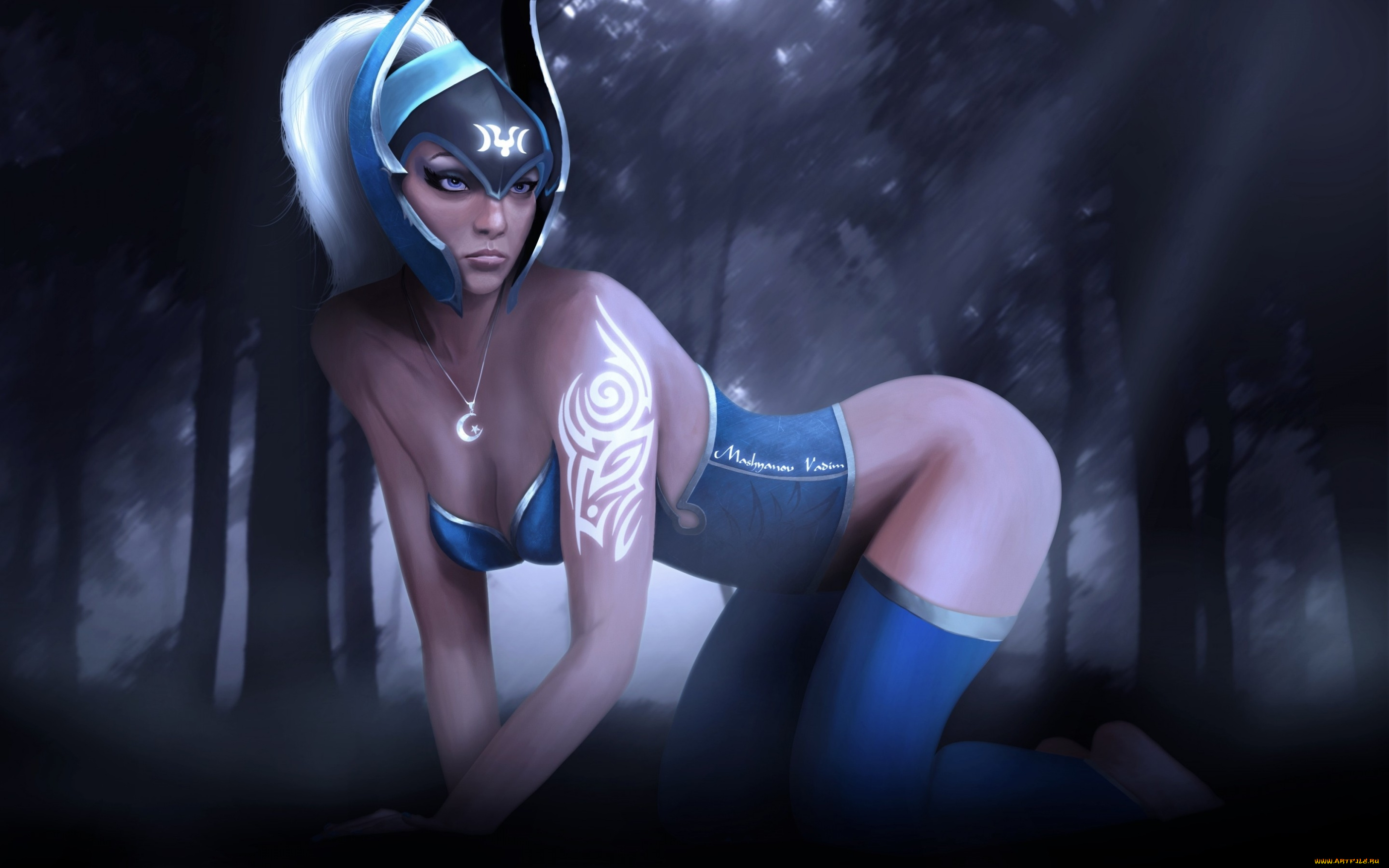 фэнтези, девушки, девушка, поза, узор, лес, шлем, luna, dota, 2