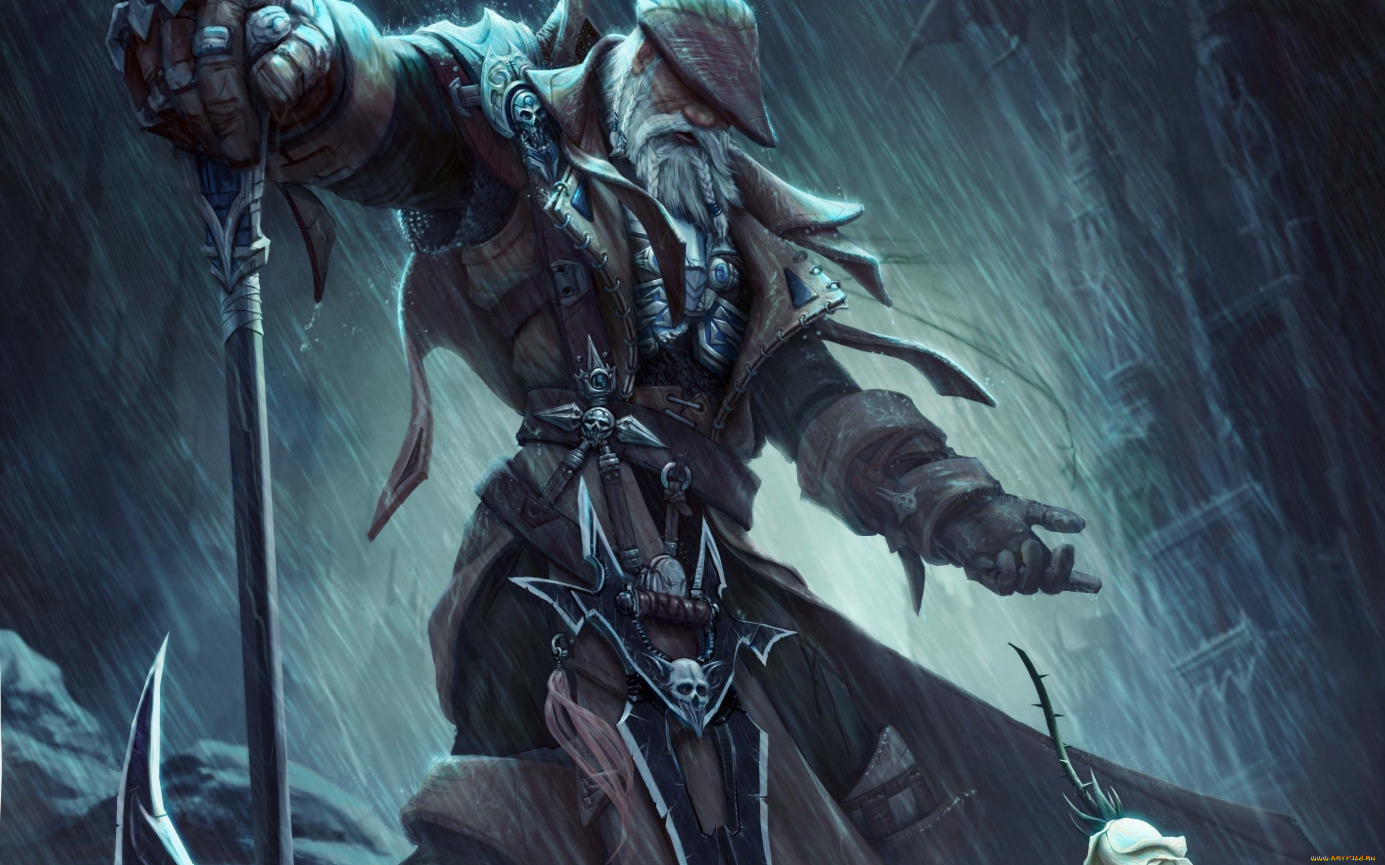 фэнтези, люди, мужчина, старик, дождь, оружие, роза, ночь, город