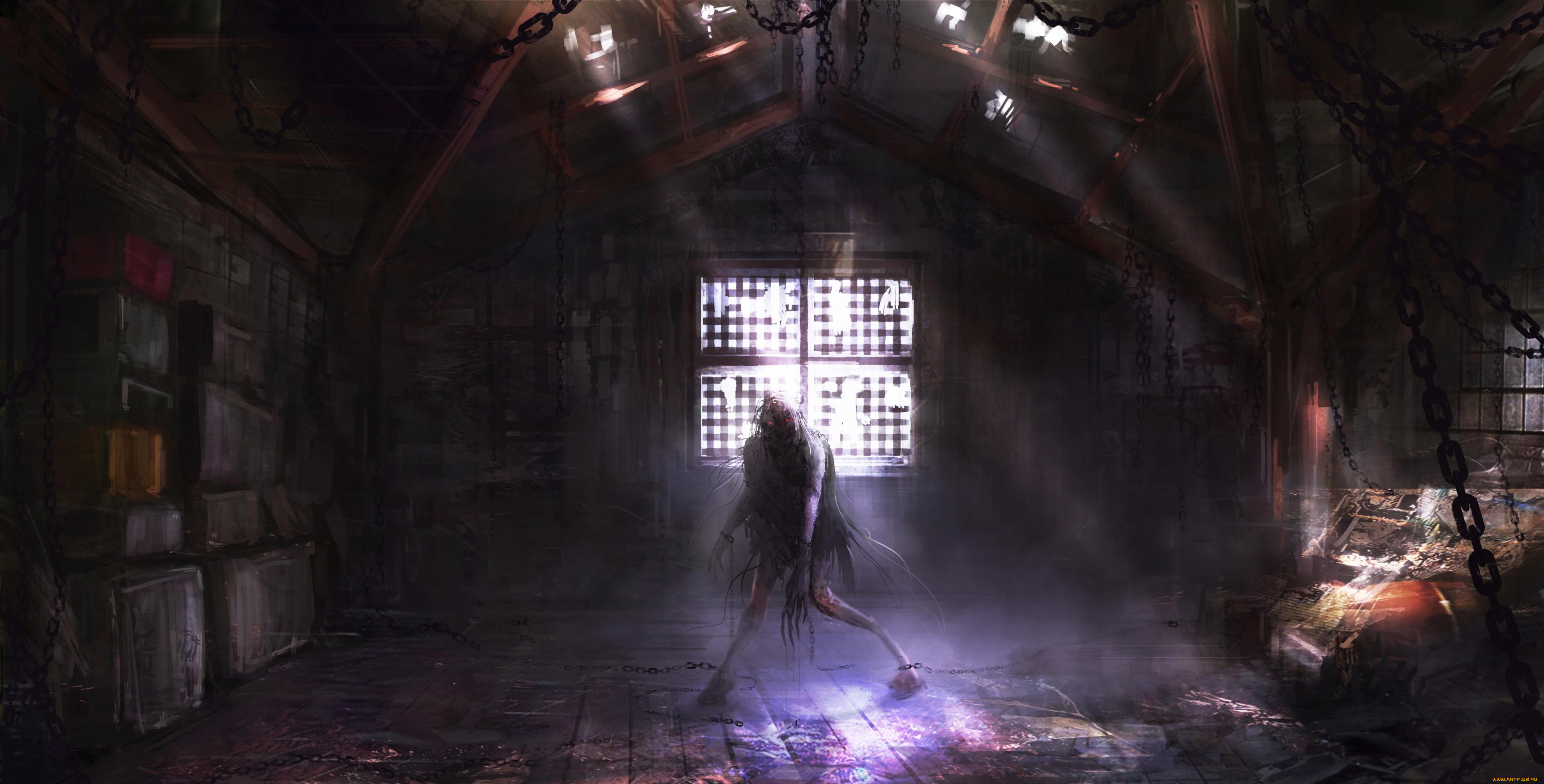 фэнтези, нежить, монстр, цепи, помещение, окно