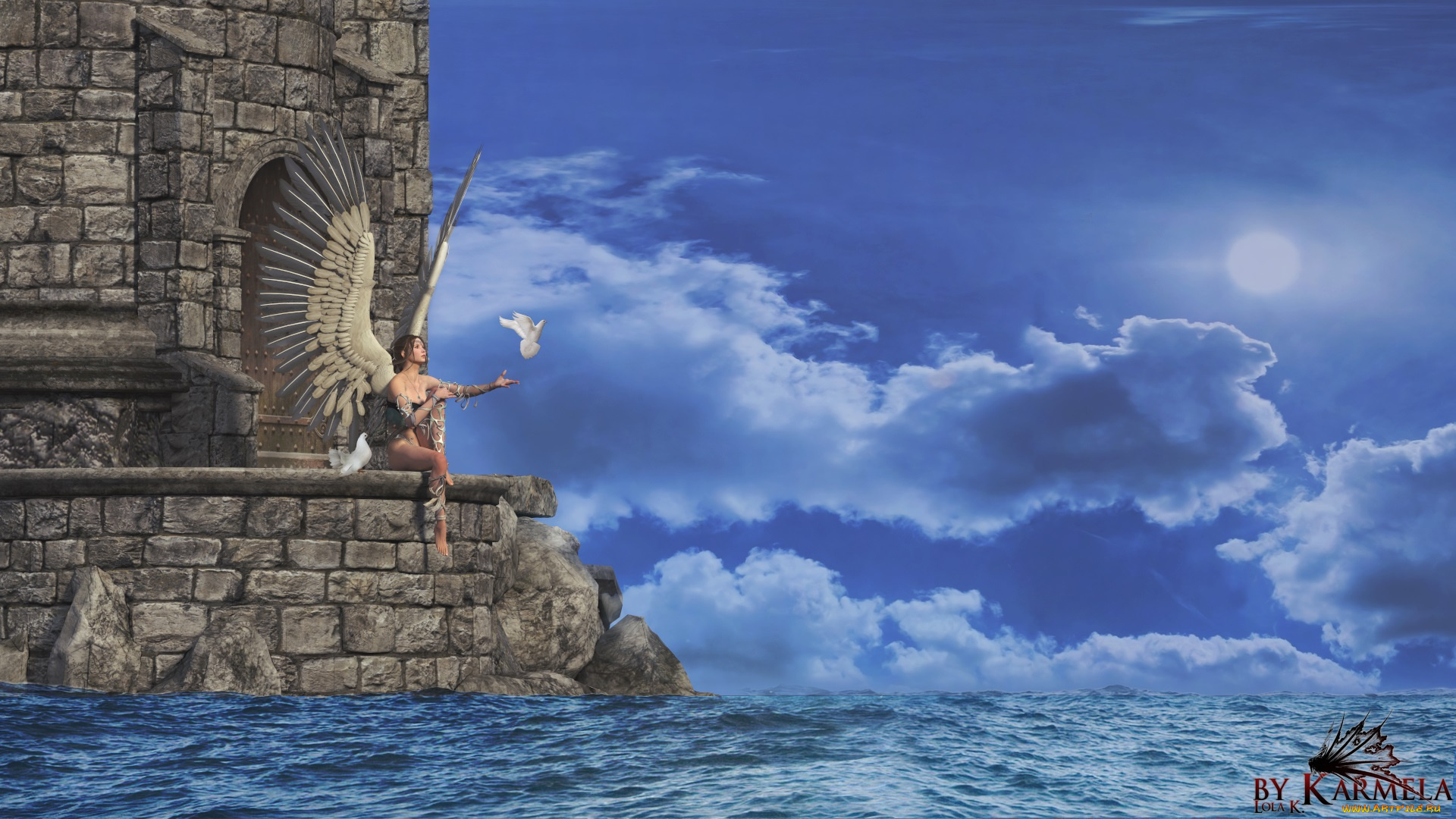 3д, графика, ангел, , angel, ангел, облака, море, замок, голубь