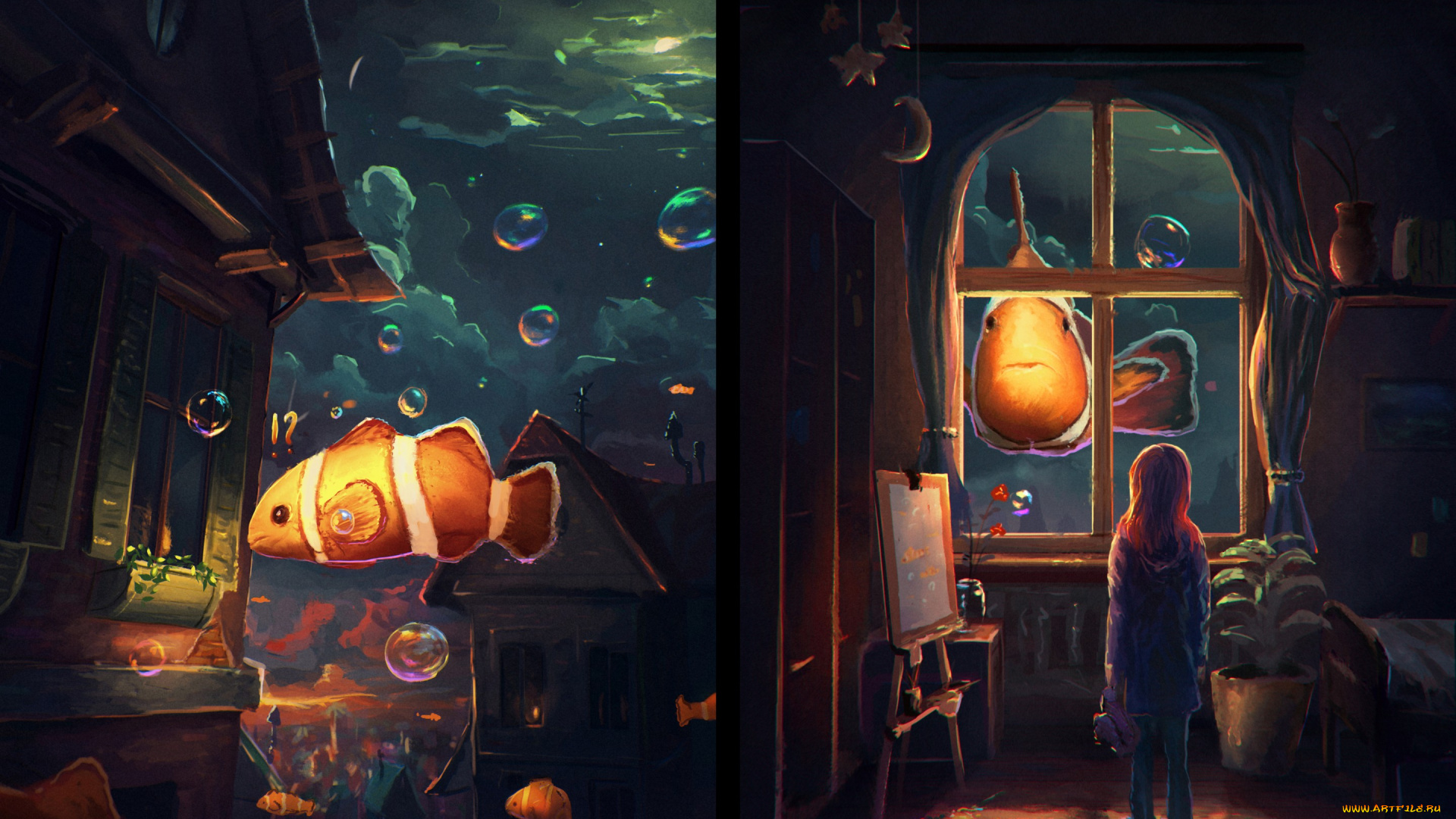 фэнтези, иные, миры, , иные, времена, арт, рыбки, вода, живопись, окна, девочка, комната