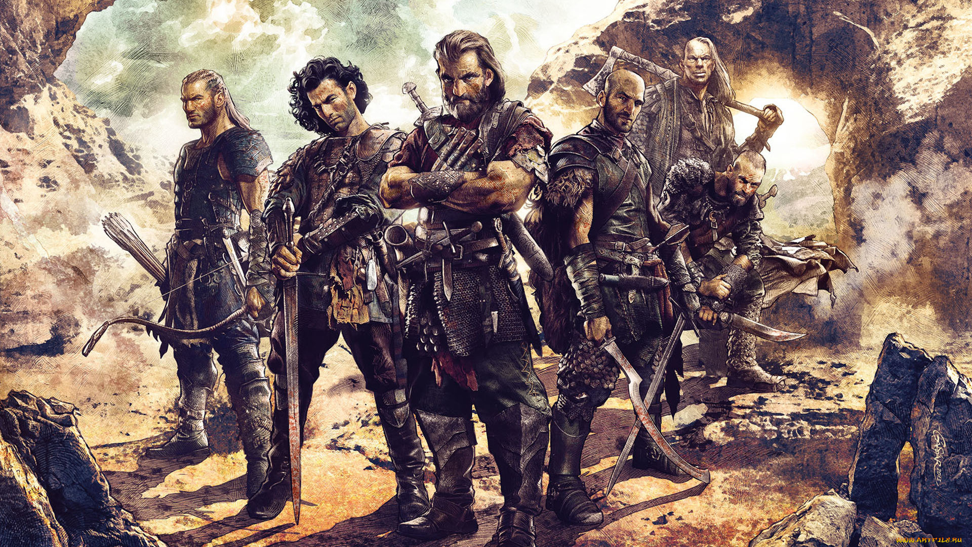 фэнтези, люди, воины, мечи, арт, мужчины, отряд, лук, стрелы