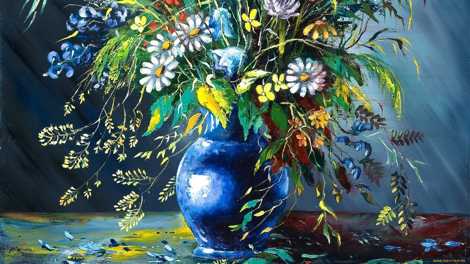 рисованное, цветы, осыпаются, лепестки, картина, живопись, ваза