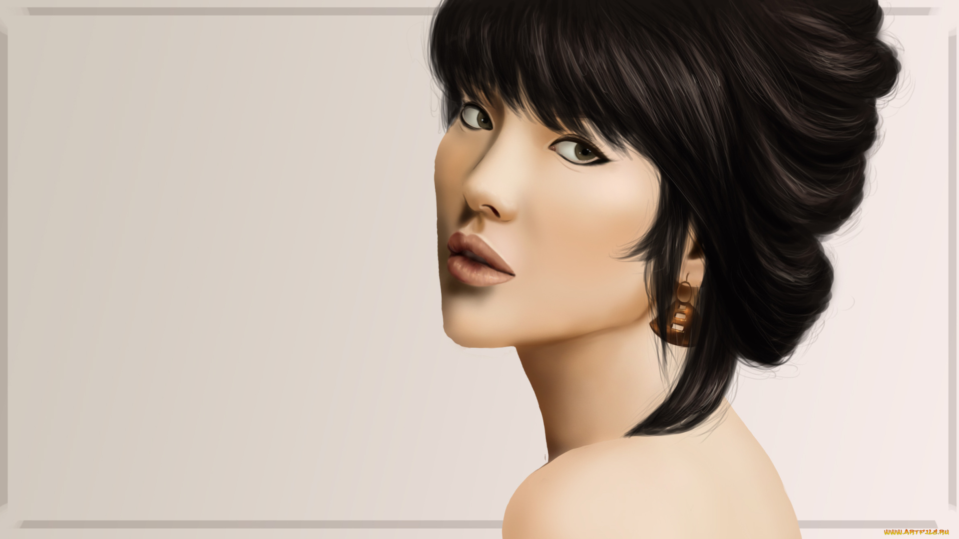 рисованное, люди, азиатка, волосы, девушка, губы, фон, плечо, лицо, взгляд, серьги