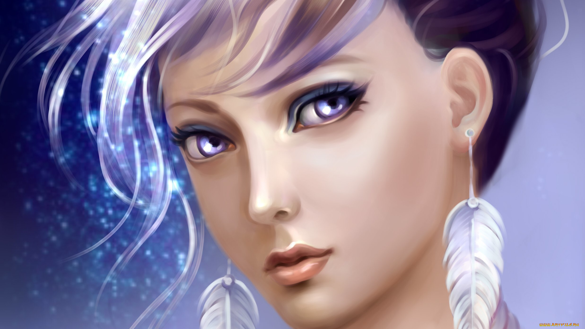 рисованное, люди, девушка, перья, серьги, взгляд, лицо