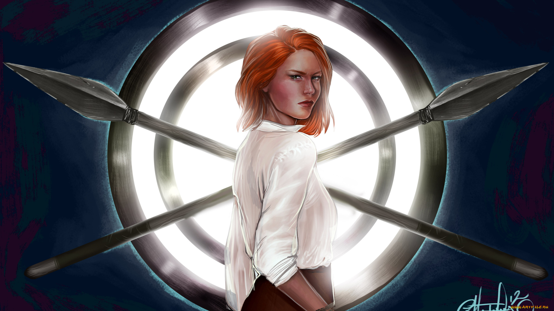 рисованное, люди, оружие, копья, девушка, взгляд, рубашка