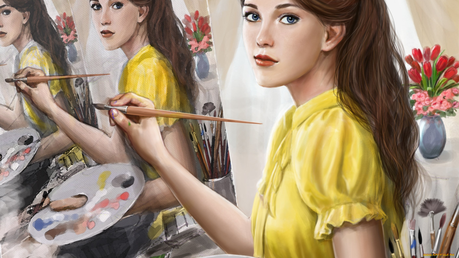 рисованное, люди, волосы, художница, взгляд, девушка, картина, живопись, краски, кисть, бантик