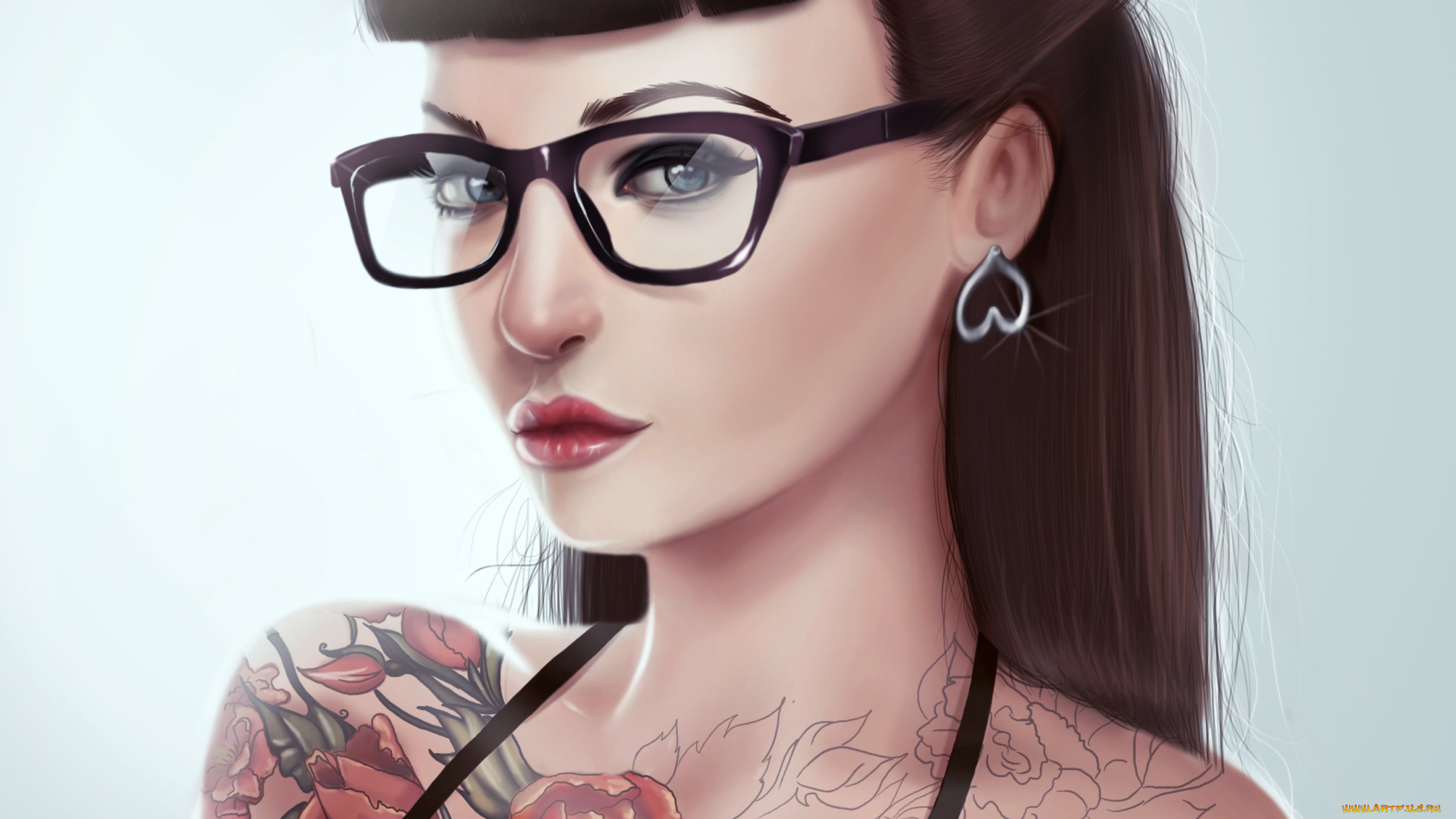 рисованное, люди, волосы, взгляд, девушка, тату, очки, челка, арт, живопись