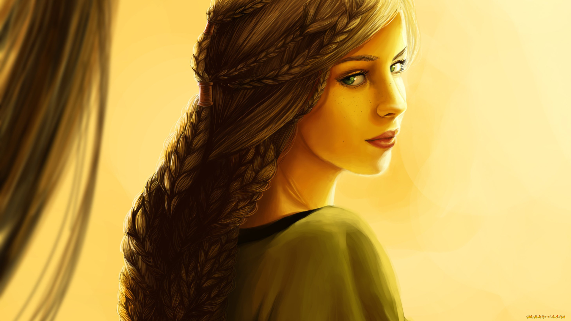 рисованное, люди, взгляд, девушка, плетение, косички, волосы, глаза, лицо, платье