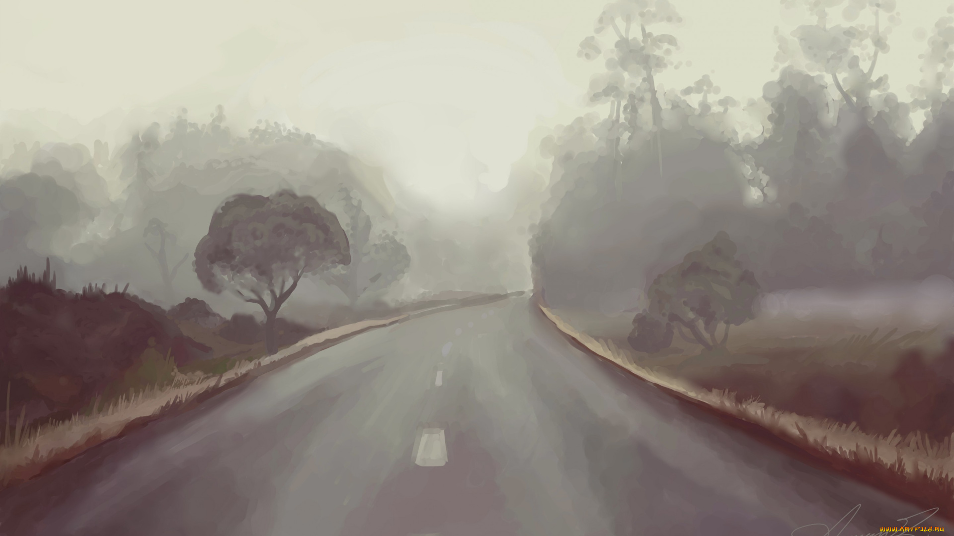 рисованное, природа, небо, дорога, деревья