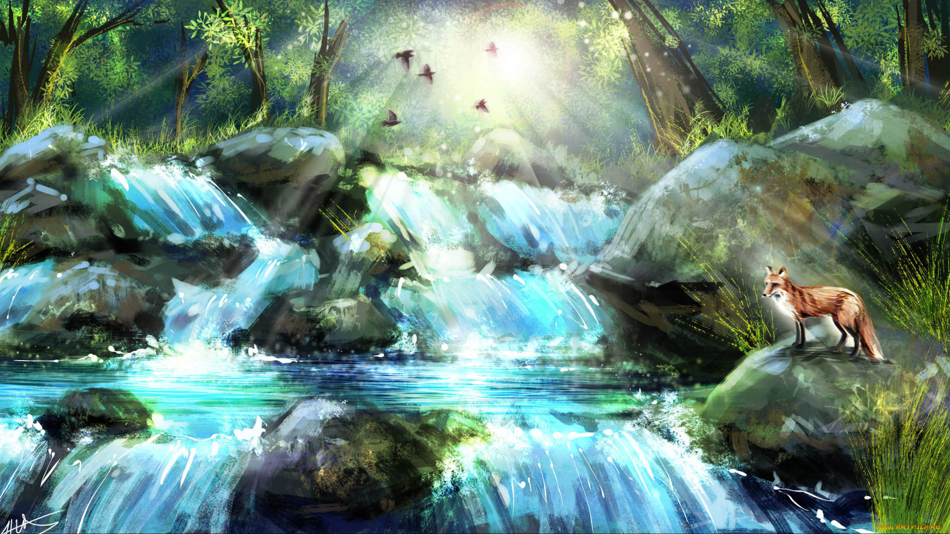 рисованное, животные, , лисы, лиса, птицы, лучи, природа, камни, водопад, деревья