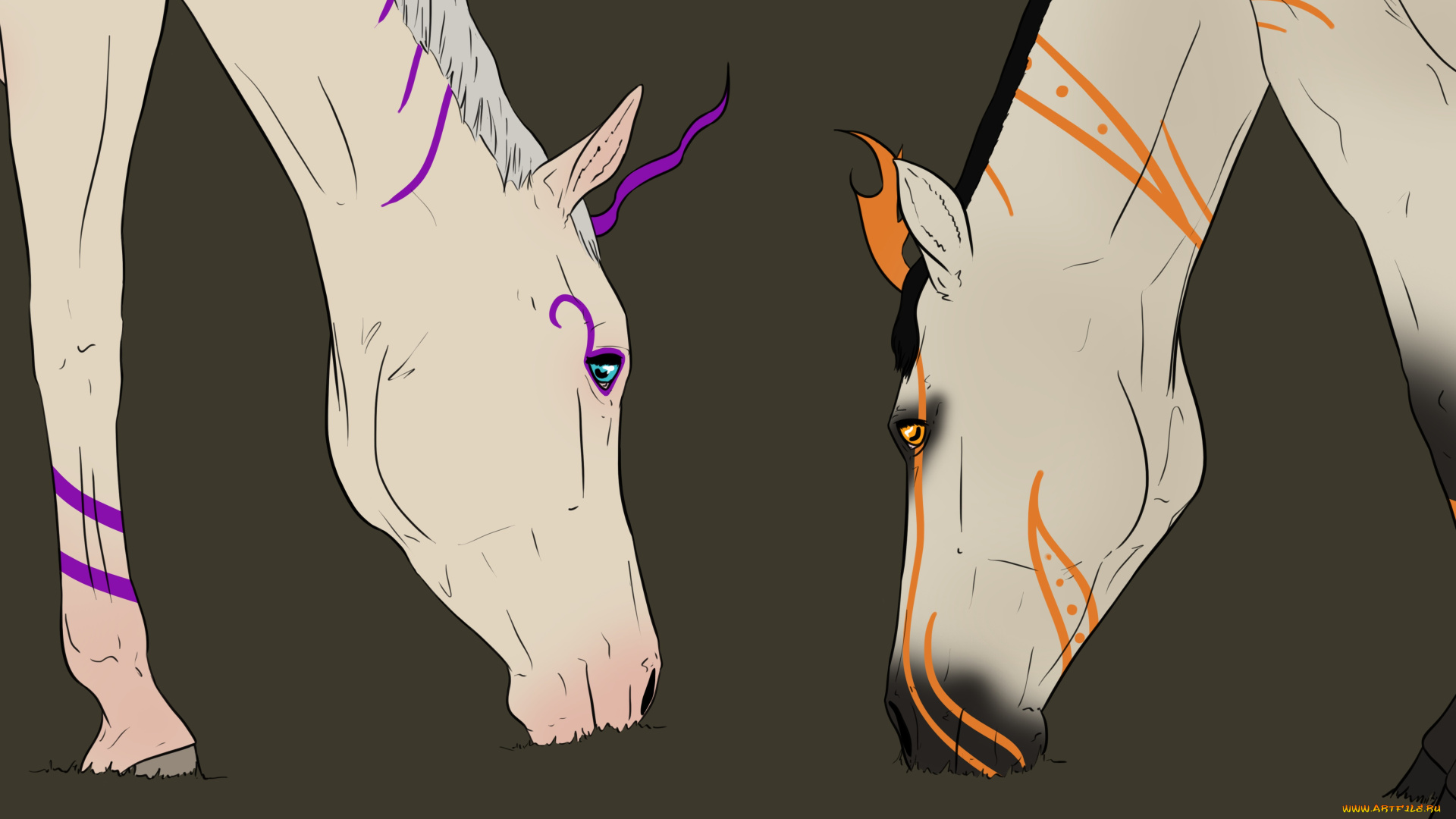 рисованное, животные, , лошади, лошади, фон