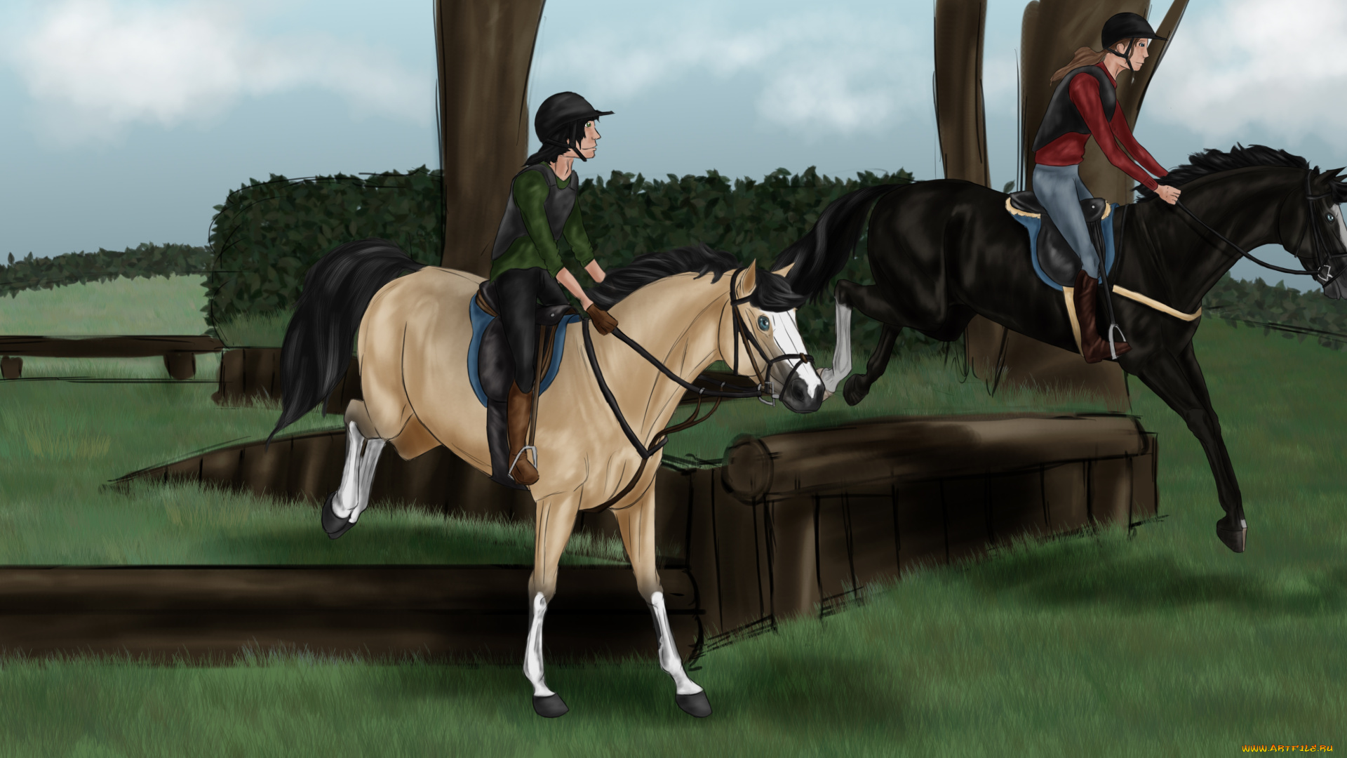 рисованное, животные, , лошади, лошади, всадники