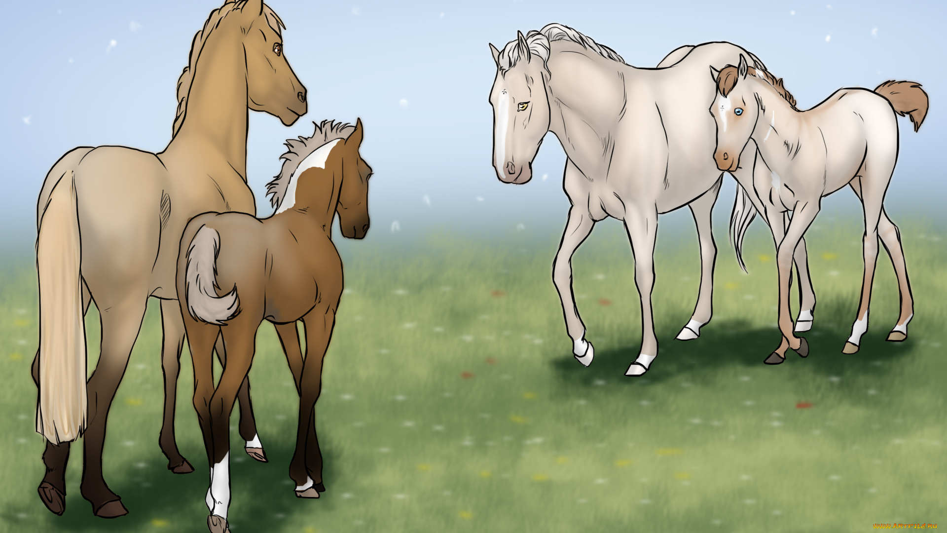 рисованное, животные, , лошади, лошади, взгляд, лошадки