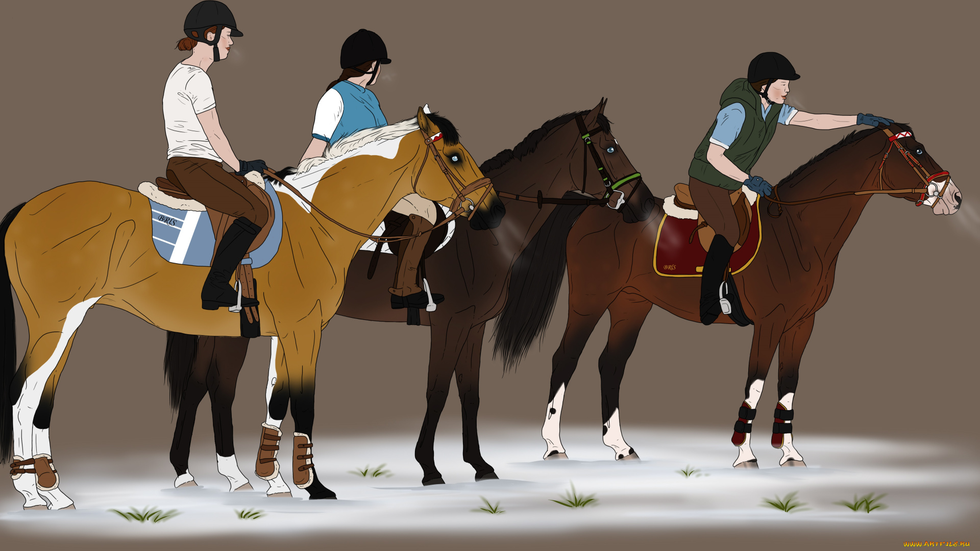 рисованное, животные, , лошади, всадники, лошади