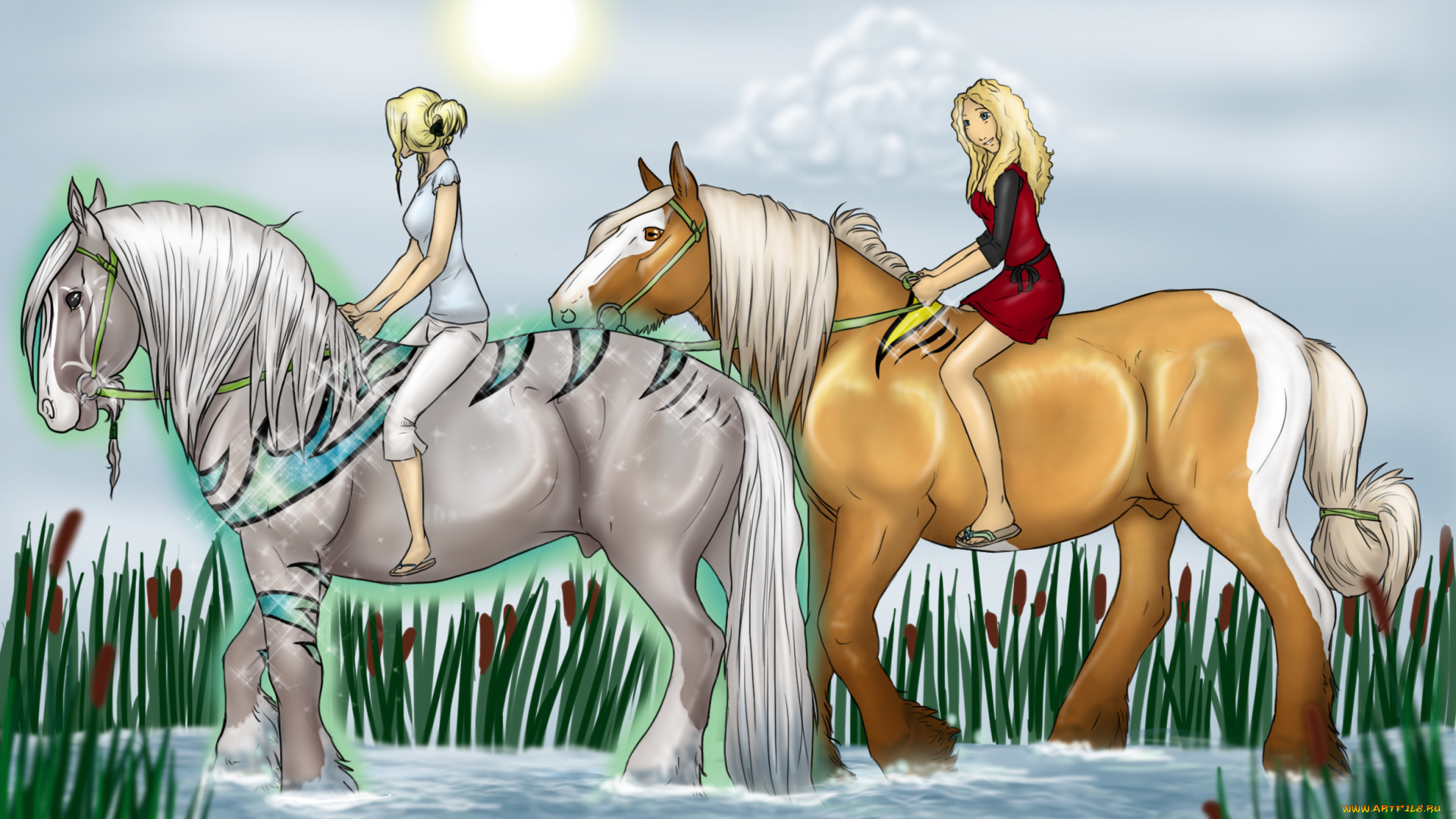 рисованное, животные, , лошади, всадники, лошади