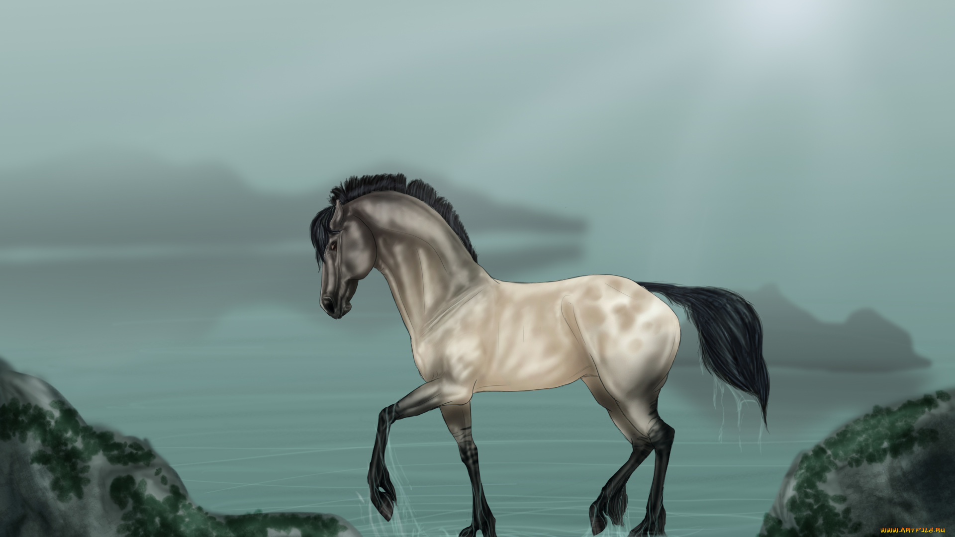 рисованное, животные, , лошади, взгляд, вода, фон, лошадь