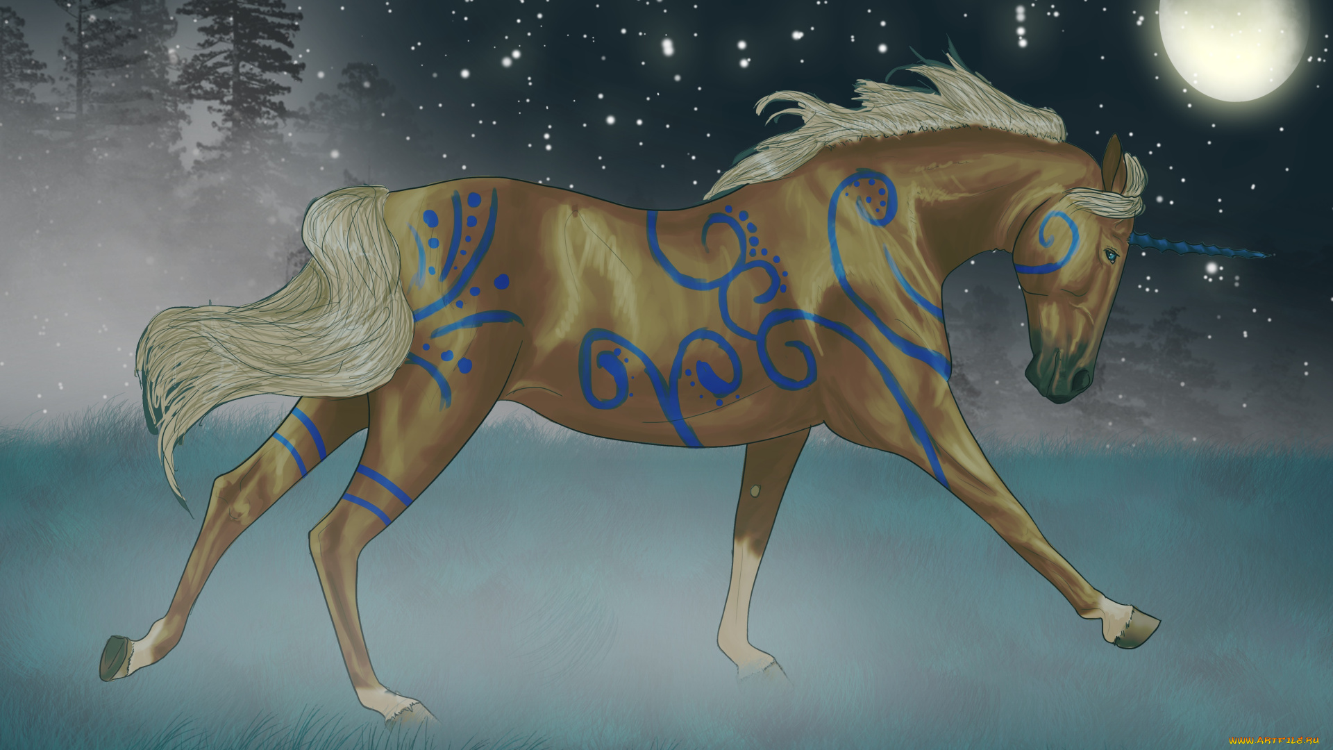 рисованное, животные, , сказочные, , мифические, лес, луна, единорог