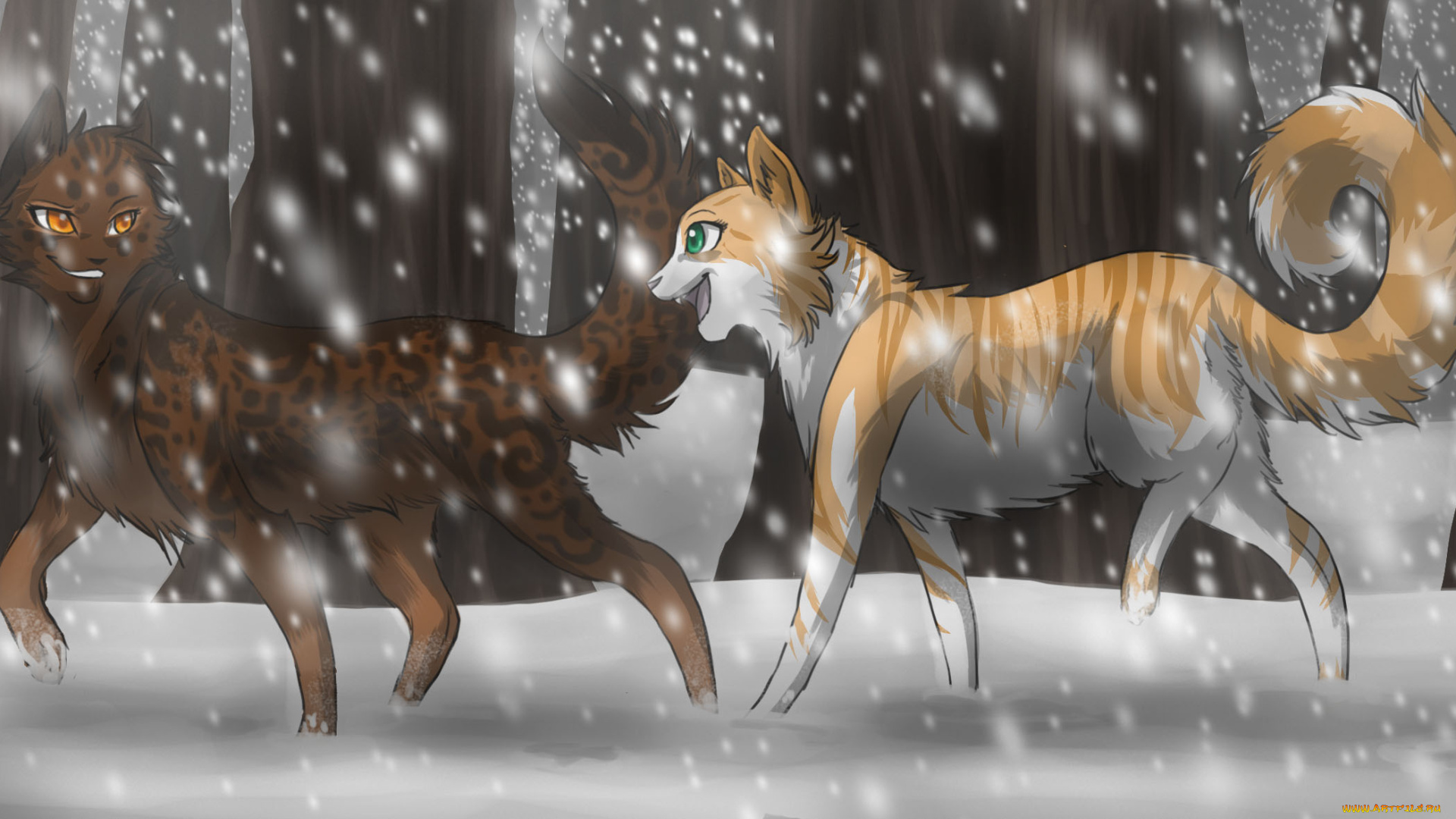 рисованное, животные, , собаки, собаки, снег, лес