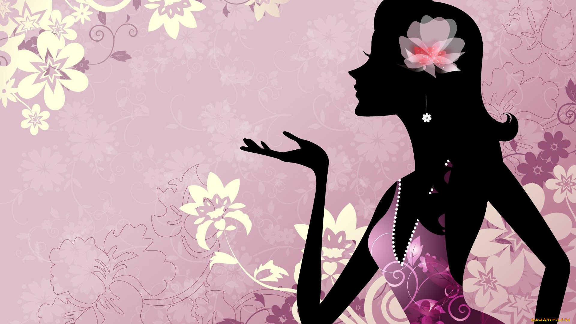 векторная, графика, девушки, цветы, жест, силуэт, девушка