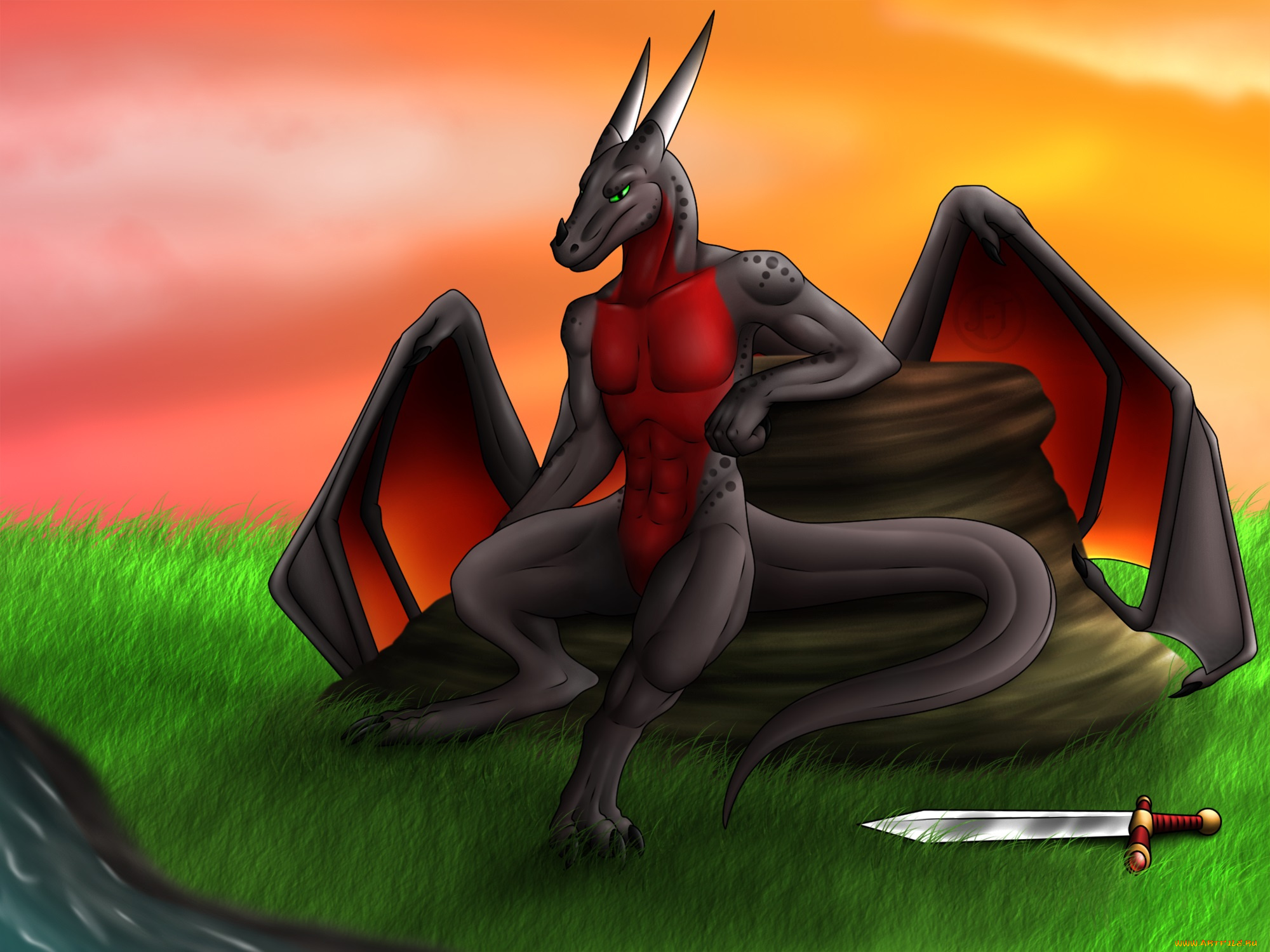 рисованное, животные, , сказочные, , мифические, дракон, фон, меч