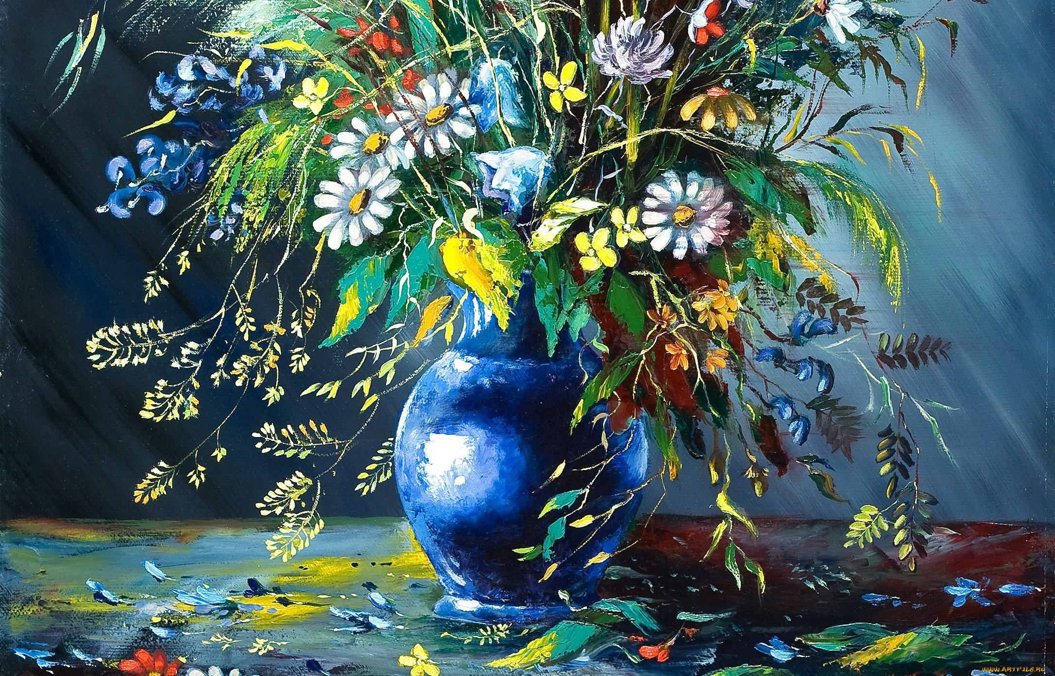 рисованное, цветы, осыпаются, лепестки, картина, живопись, ваза