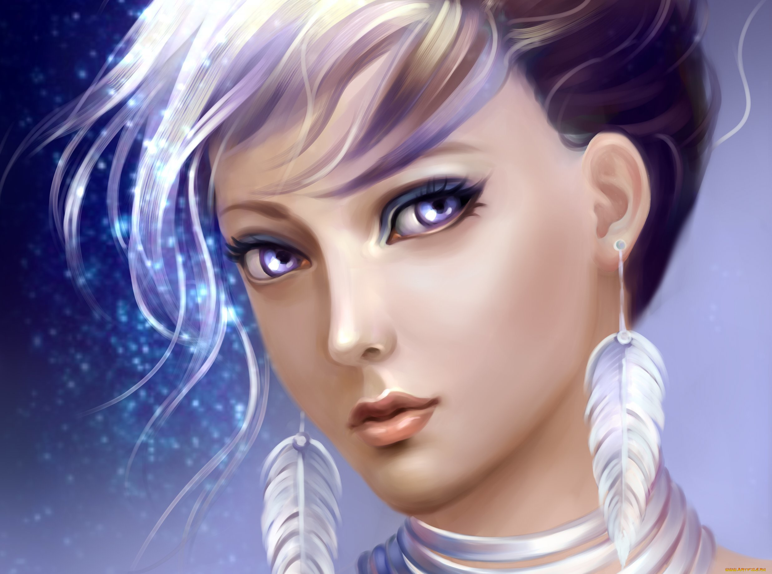 рисованное, люди, девушка, перья, серьги, взгляд, лицо