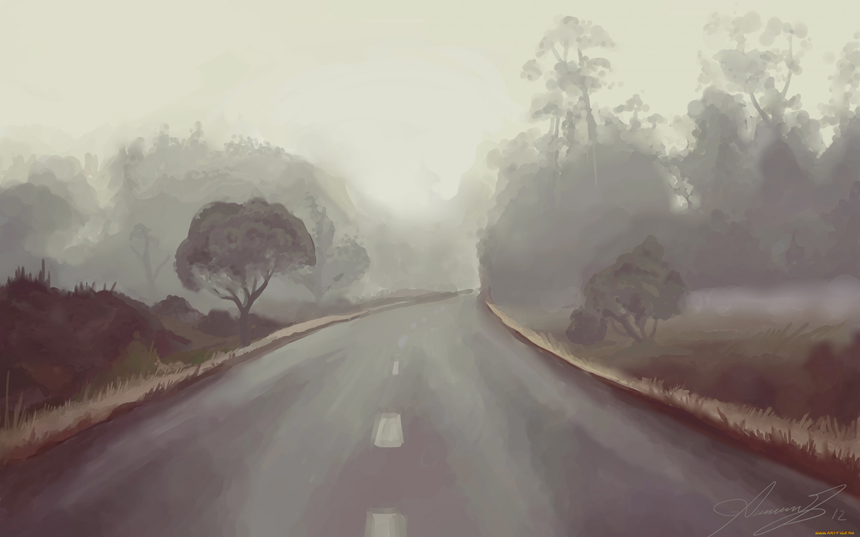 рисованное, природа, небо, дорога, деревья