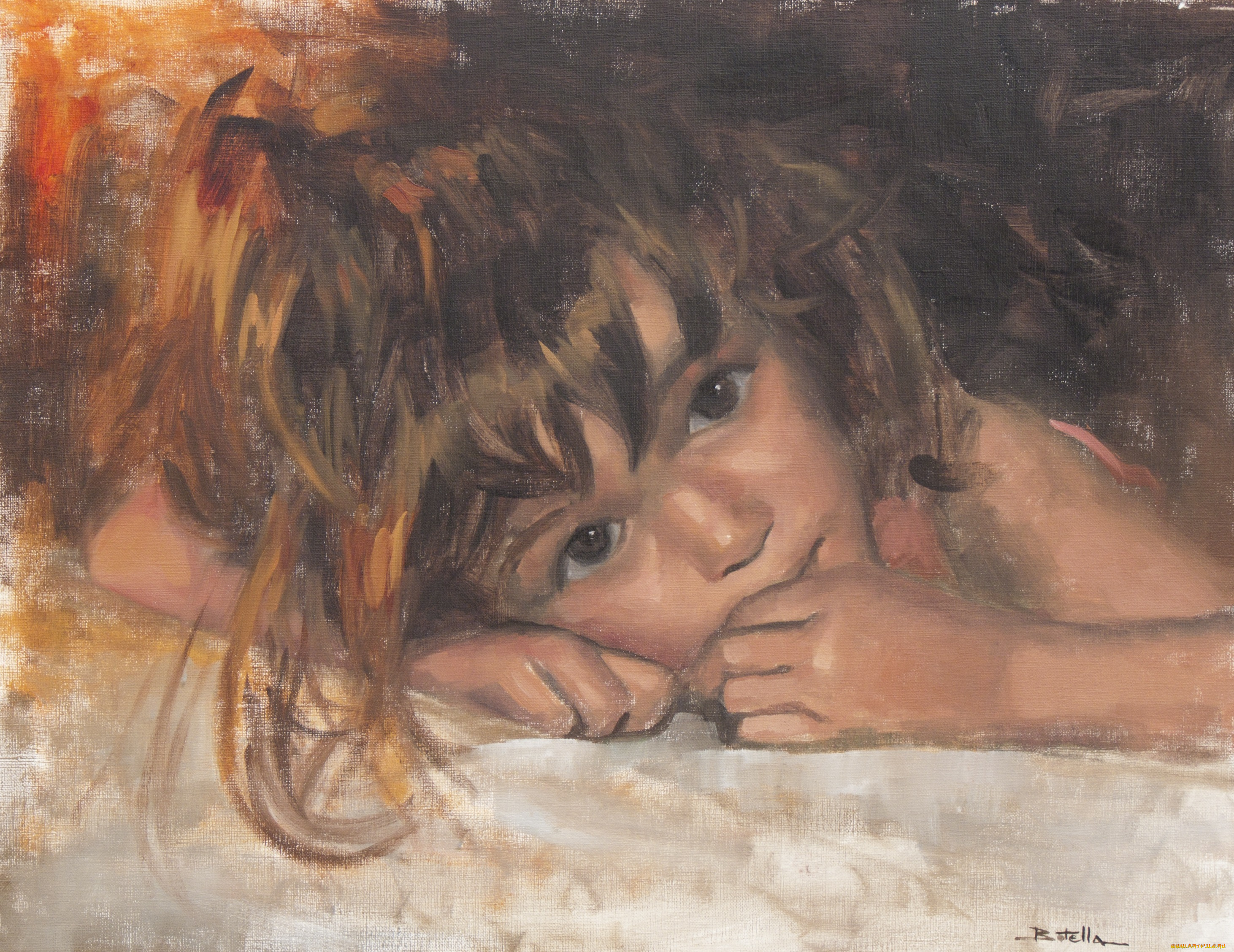 рисованное, живопись, взгляд, ребенок, laurent, botella, лицо, девочка