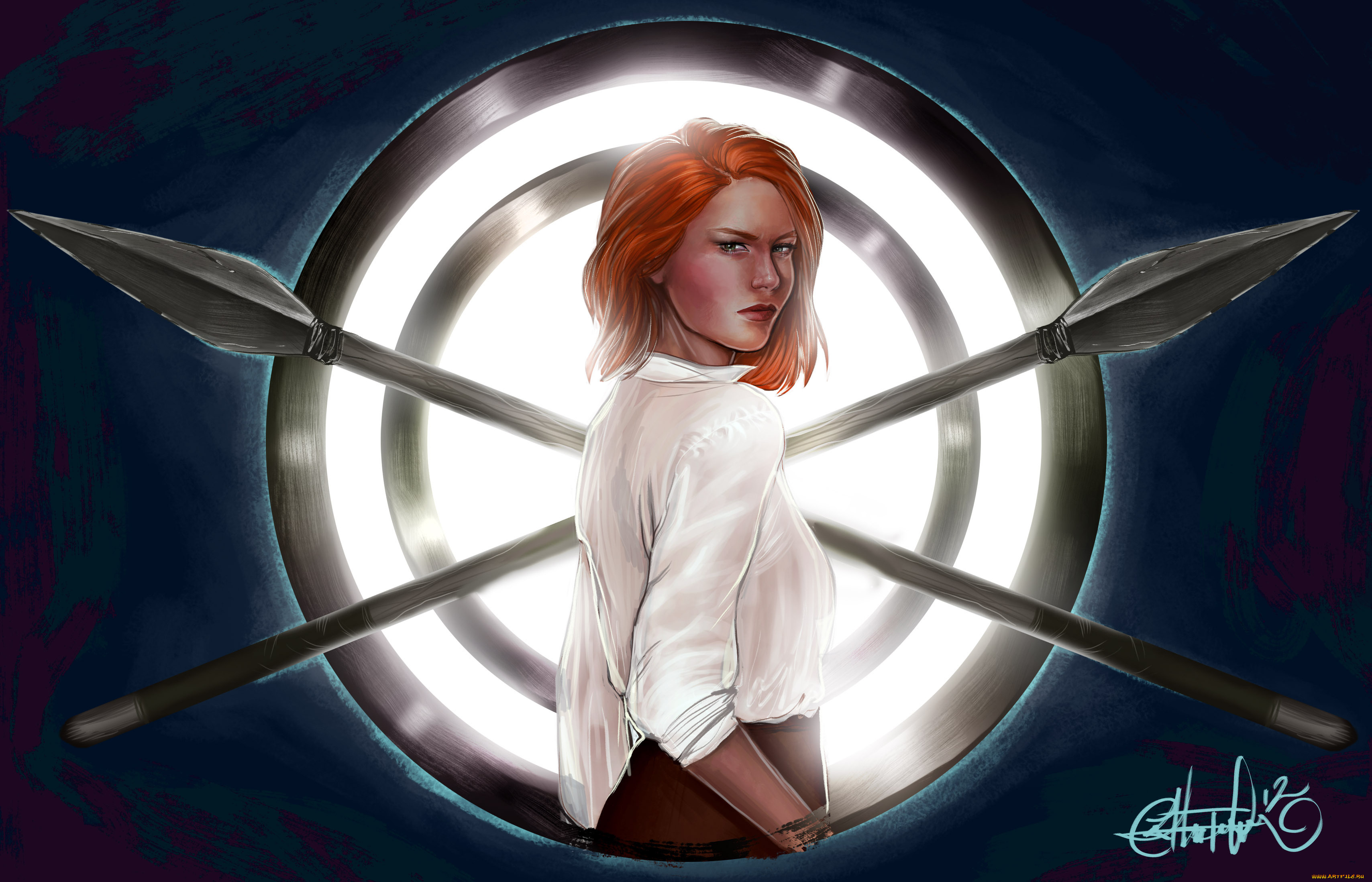 рисованное, люди, оружие, копья, девушка, взгляд, рубашка