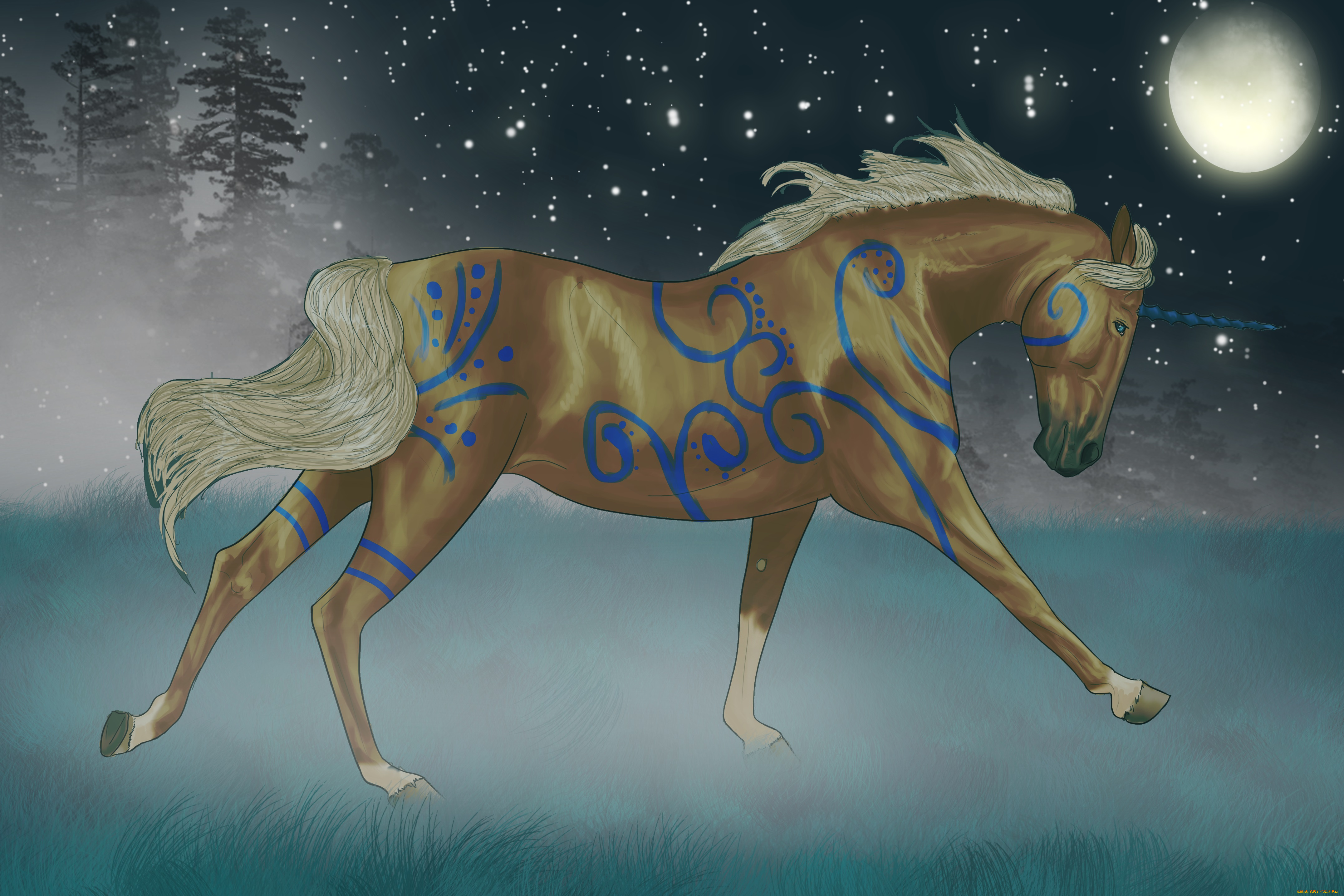 рисованное, животные, , сказочные, , мифические, лес, луна, единорог