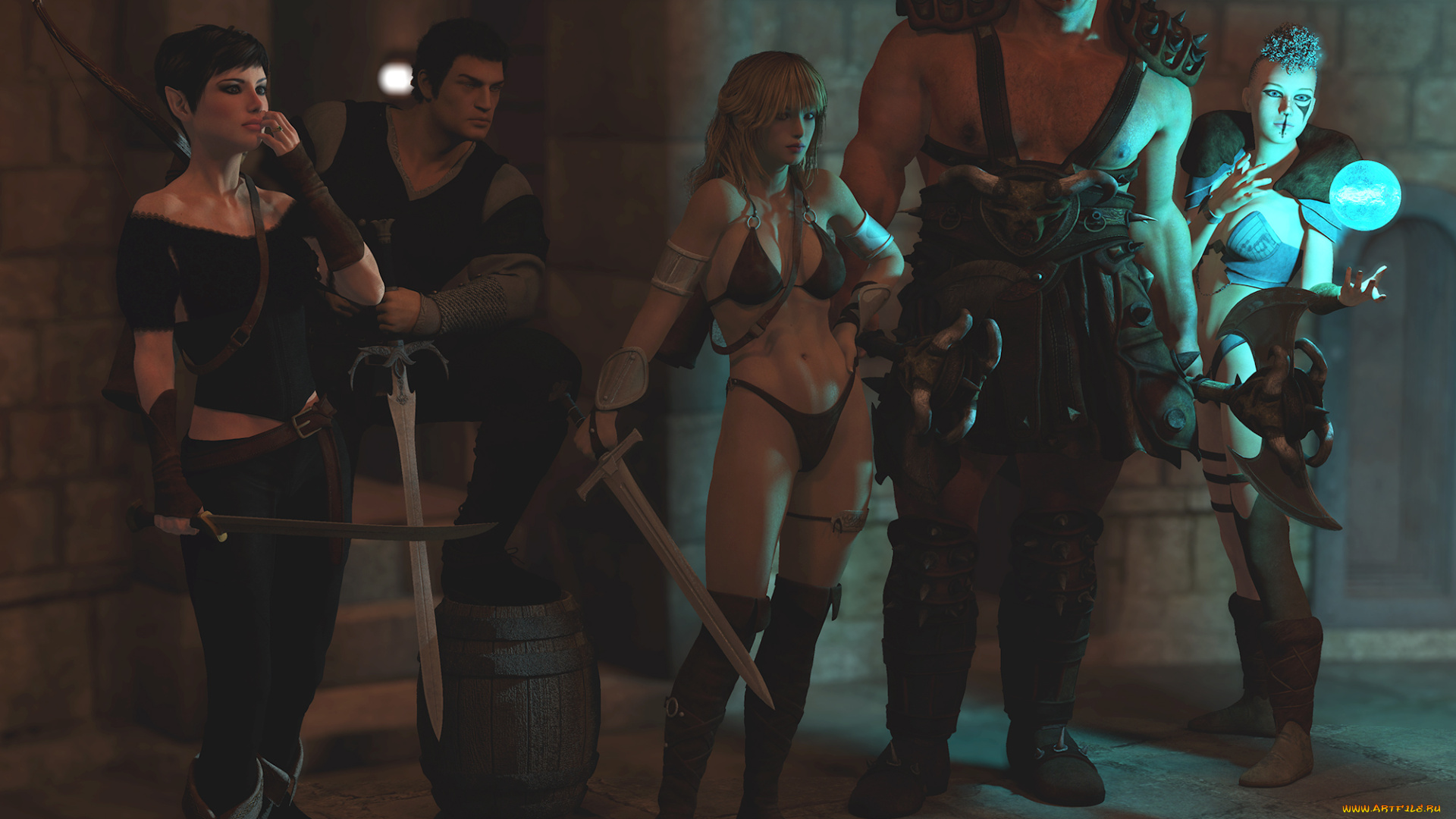 3д, графика, фантазия, , fantasy, девушки, мужчины, взгляд, оружие, фон