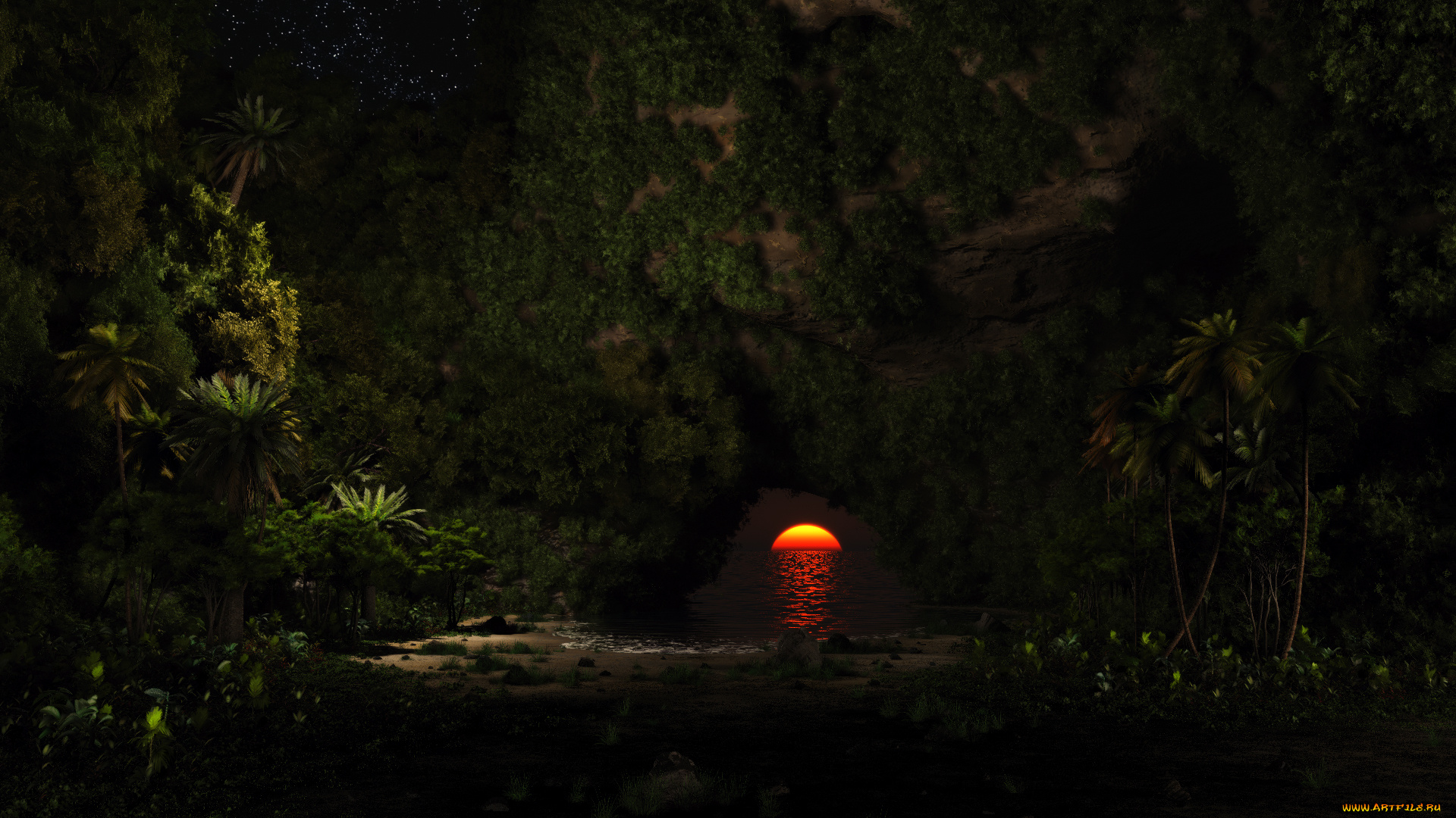 3д, графика, природа, , nature, солнце, закат, лес, скала, джунгли, арка, море, ночь