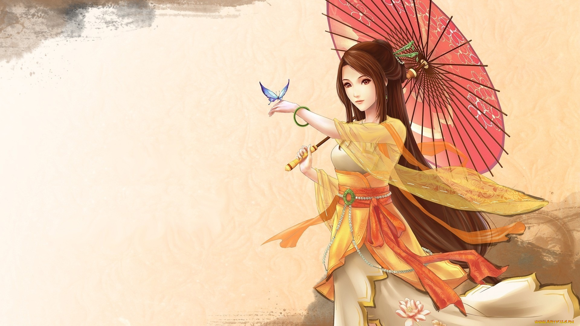 аниме, unknown, , другое, арт, бабочка, зонтик, лотос, девушка