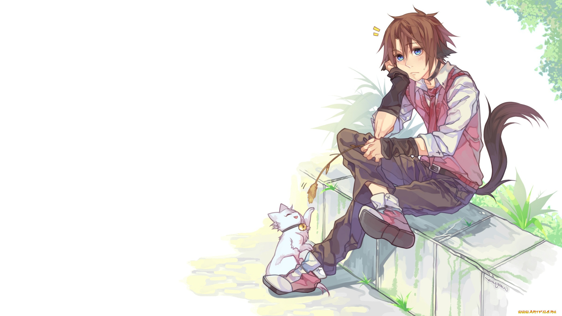 аниме, животные, , существа, неко, котята, парень, арт