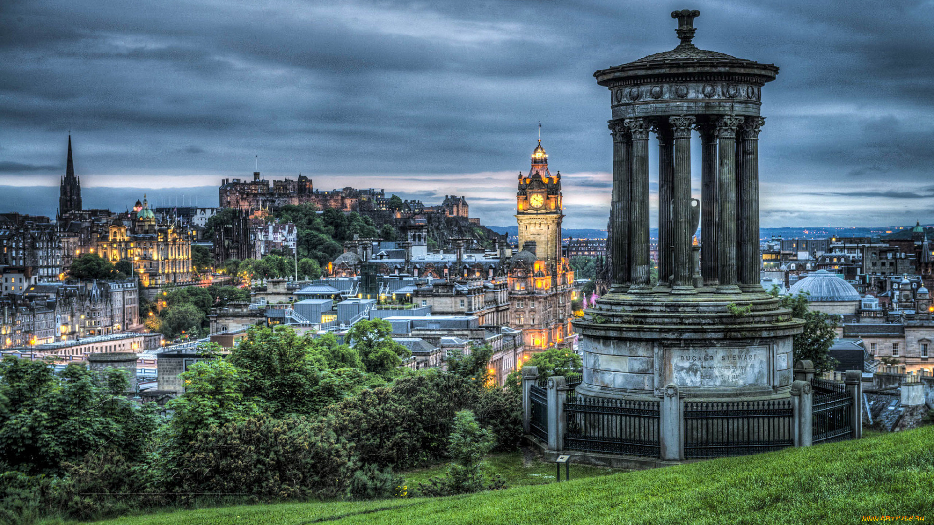 города, эдинбург, , шотландия, hdr, дома, деревья, вечер, эдинбург, беседка, холмы