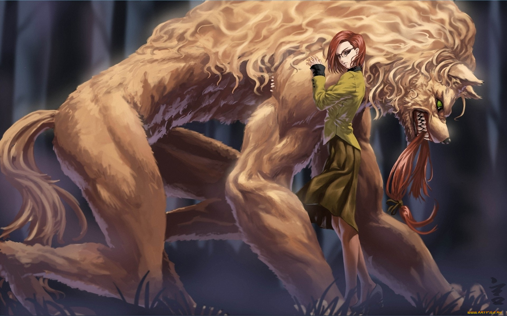 аниме, животные, , существа, девушка, арт, зверь