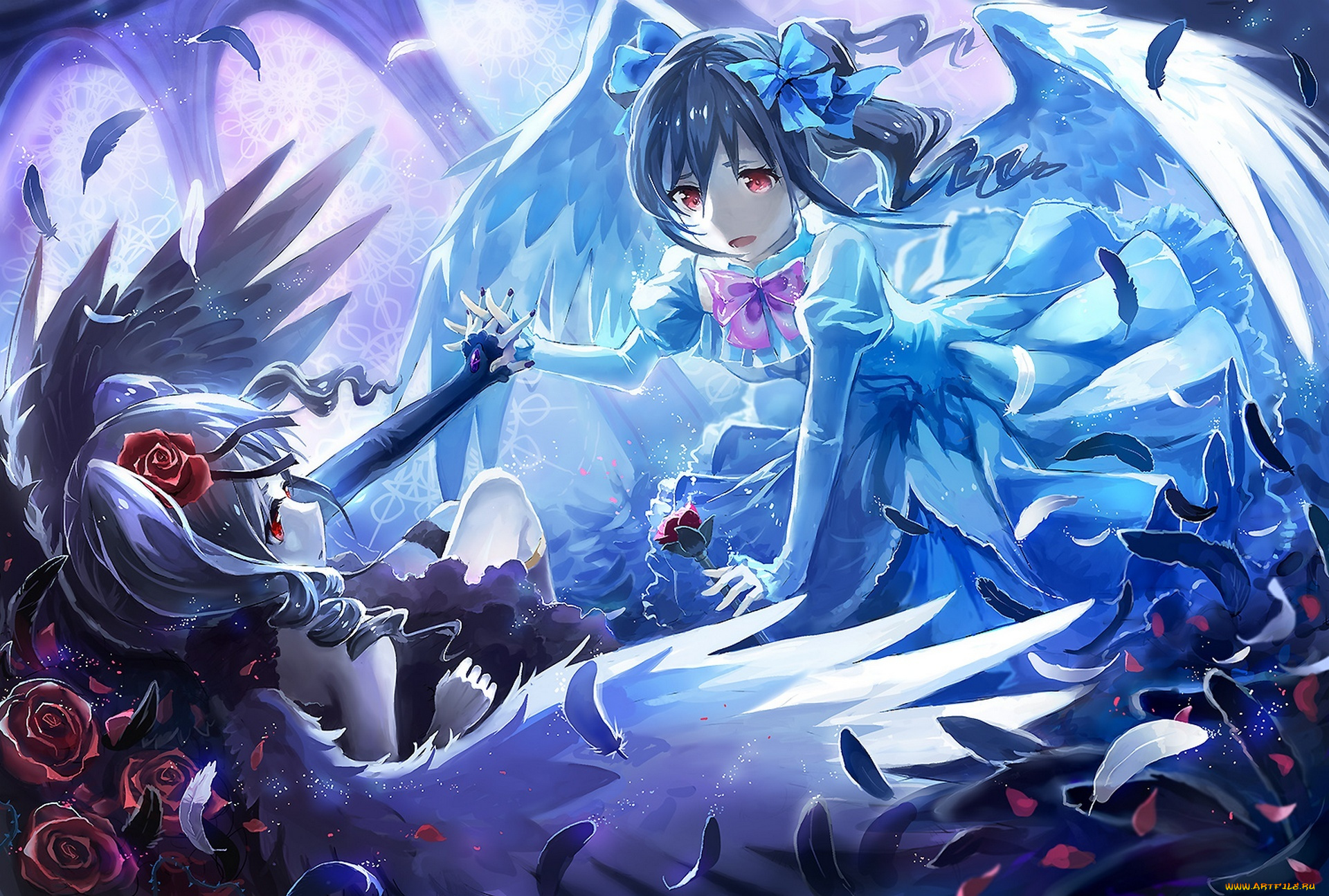 аниме, idolm@ster, eikura, арт, крылья, matti, idolmaster, cinderella, girls, розы, девушки, цветы, перья, kanzaki, ranko