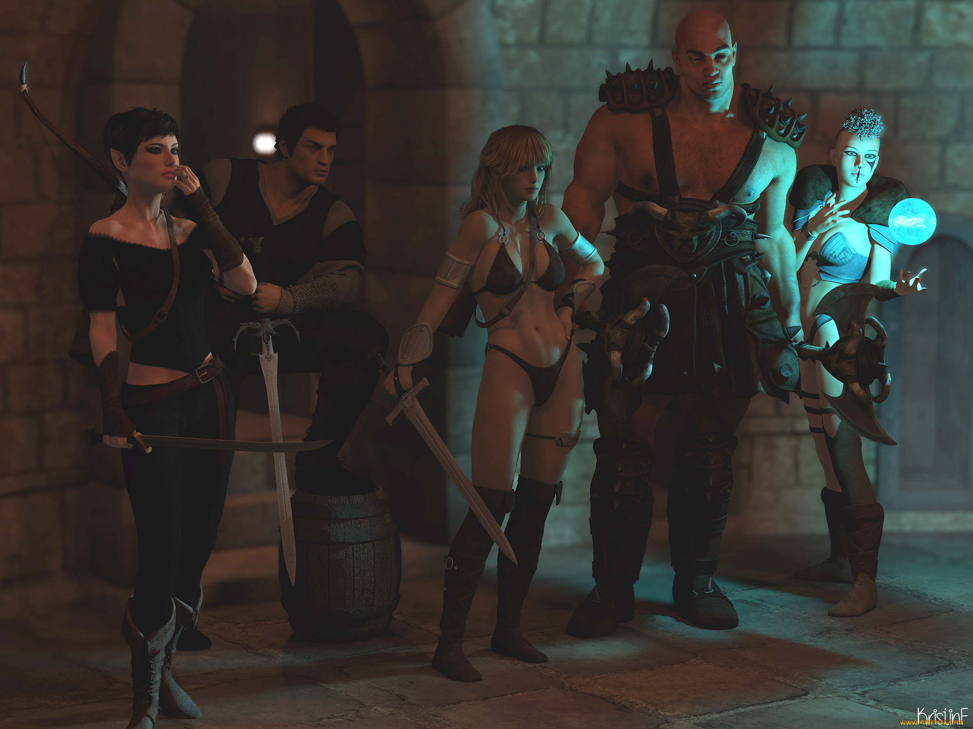 3д, графика, фантазия, , fantasy, девушки, мужчины, взгляд, оружие, фон