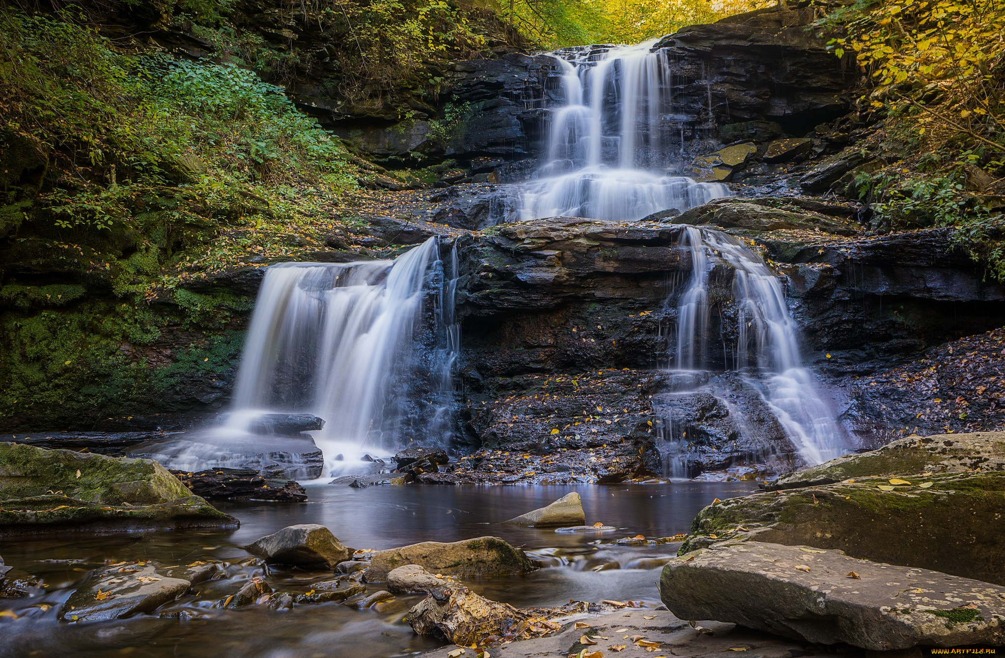 природа, водопады, водопад, река, лес