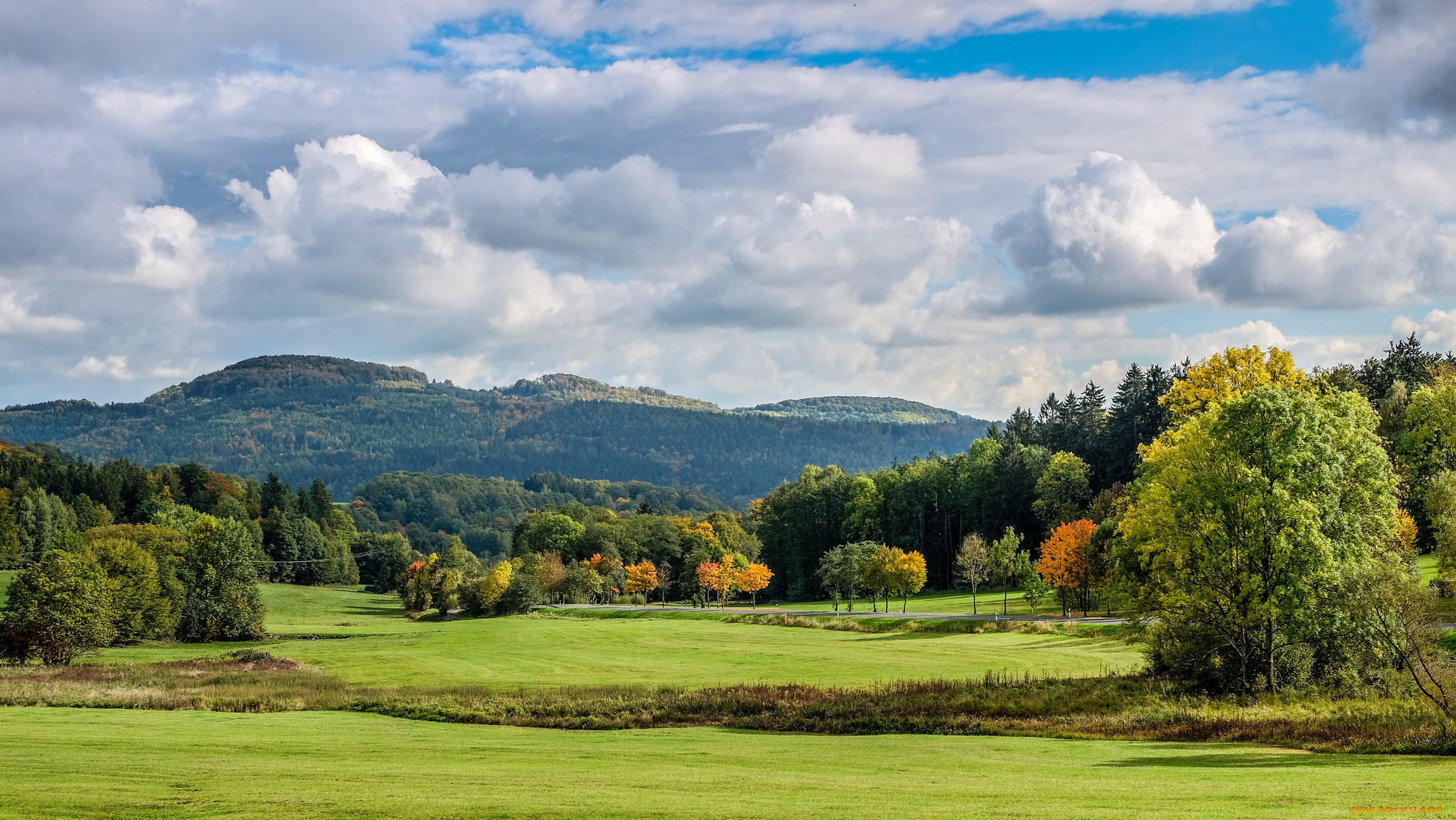 природа, пейзажи, поле, горы, деревья, пейзаж