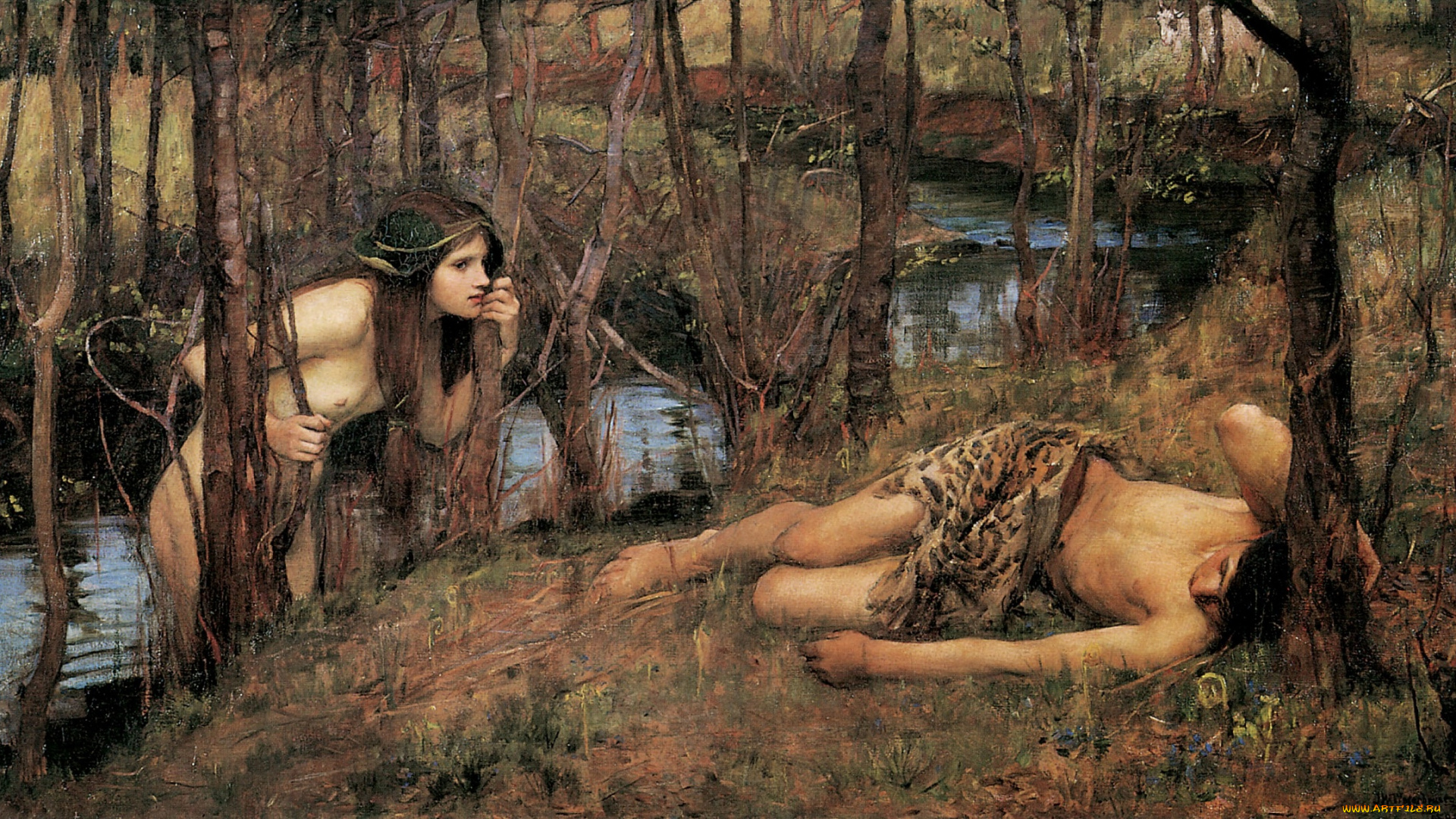 a, naiad, or, hylas, with, a, nymph, , john, william, waterhouse, рисованное, john, william, waterhouse, берег, нимфа, ручей, парень