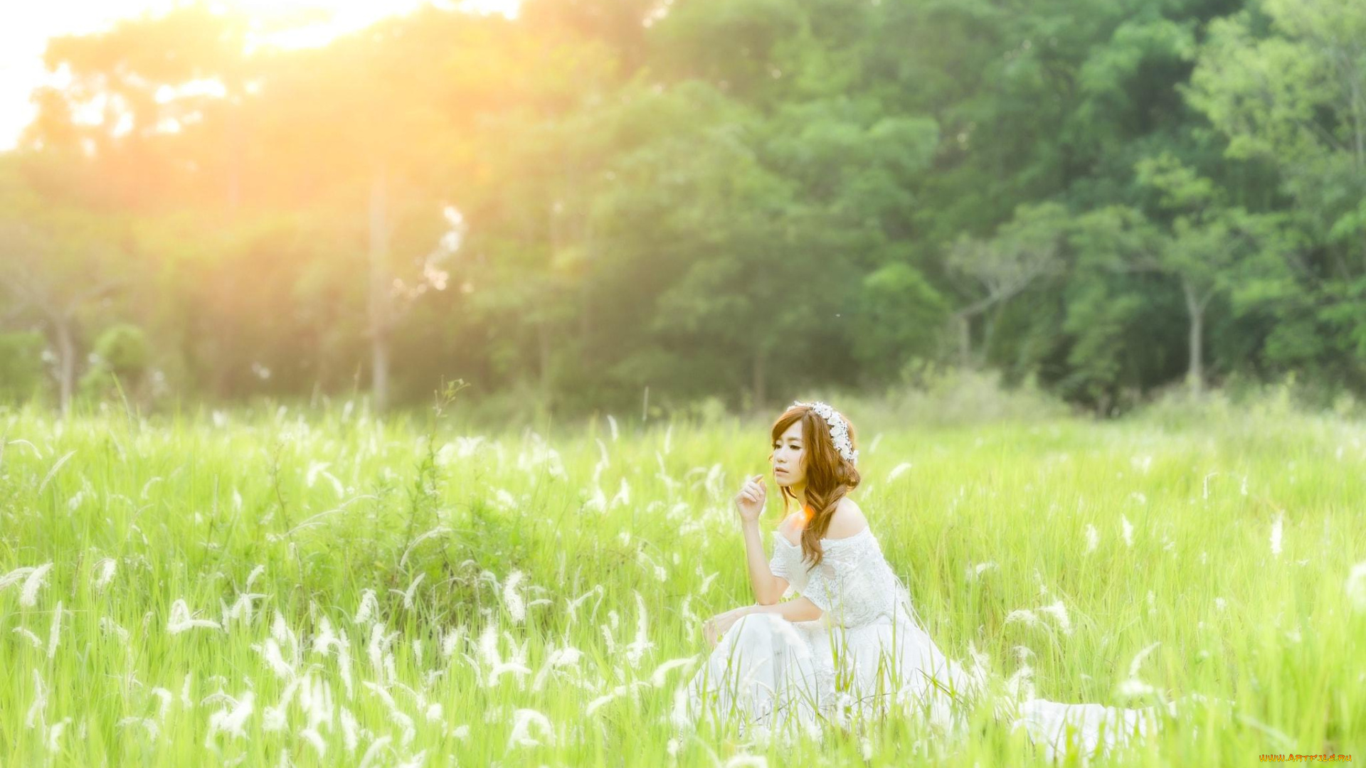 девушки, -unsort, , азиатки, поляна, венок, трава, цветы, деревья