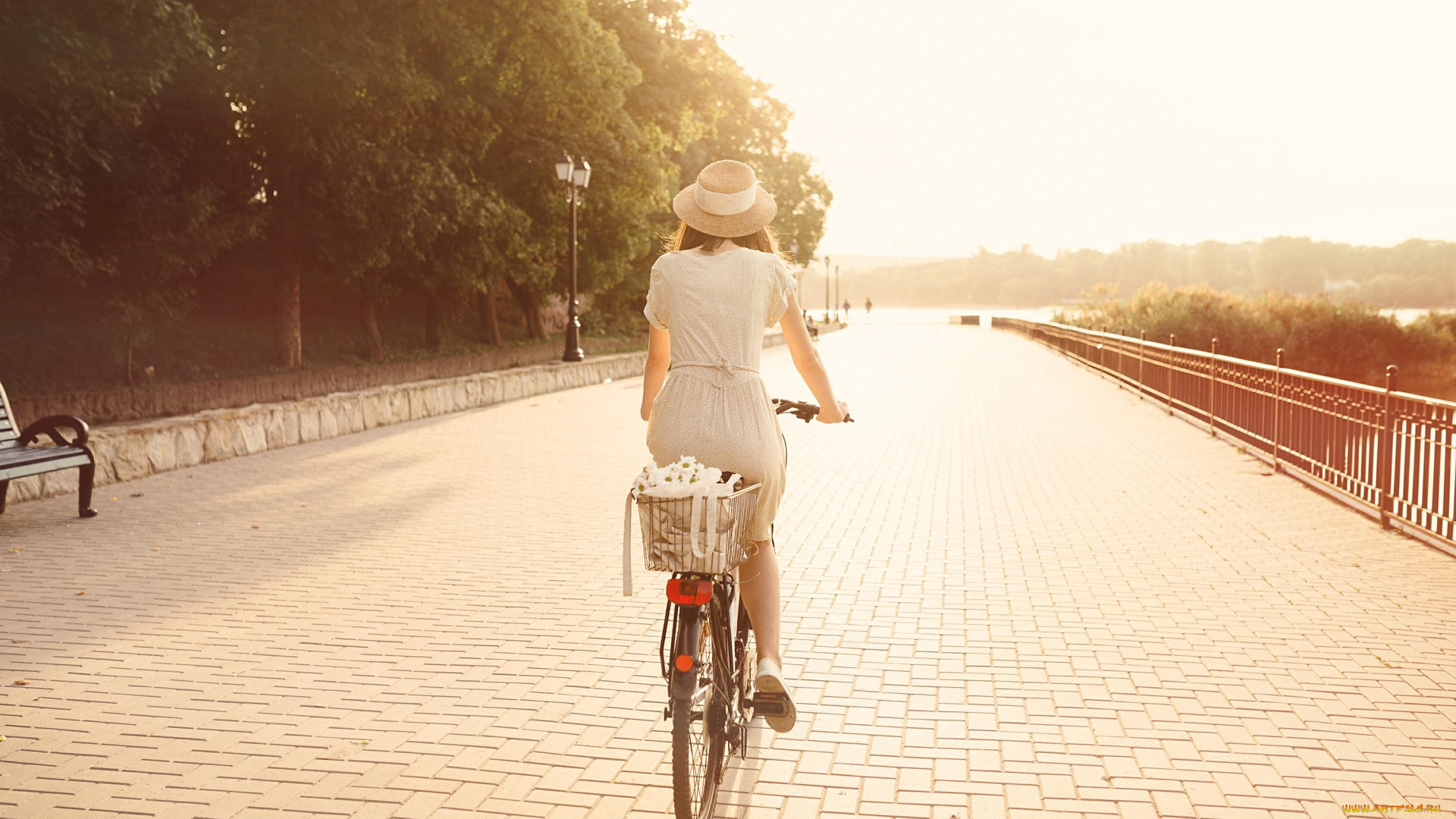 девушки, -unsort, , брюнетки, темноволосые, шляпа, платье, велосипед, улица