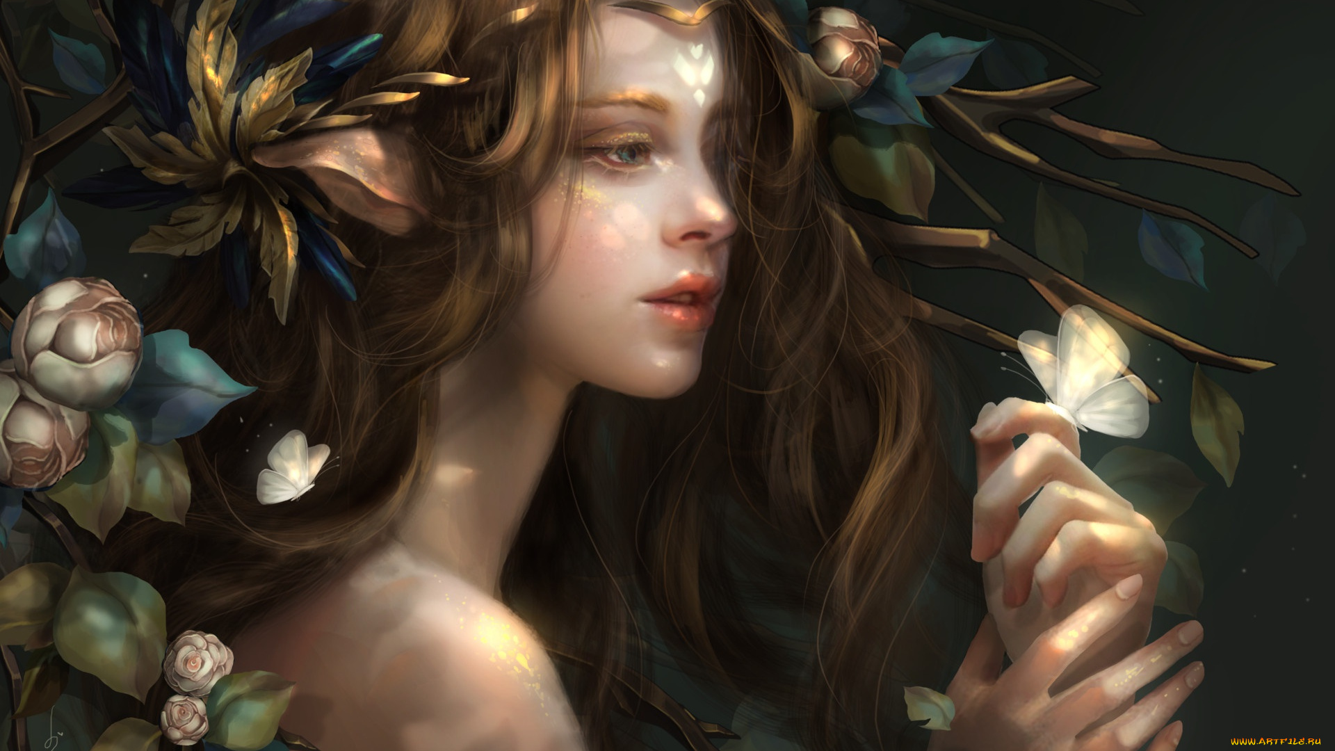 фэнтези, эльфы, девушка, ушки, волосы, природа, взгляд, цветы, фэнтази, бабочка