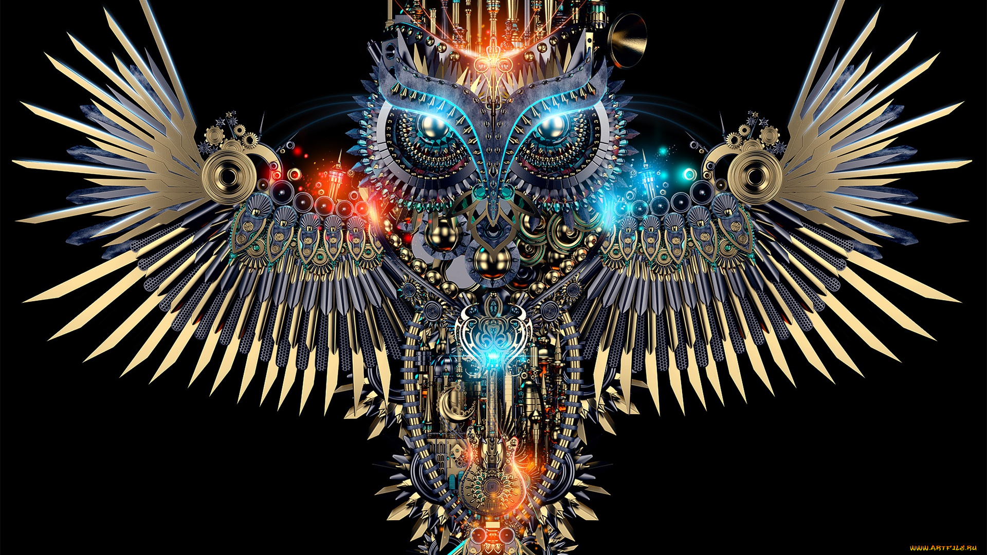 фэнтези, существа, механизм, птица, фон, сова