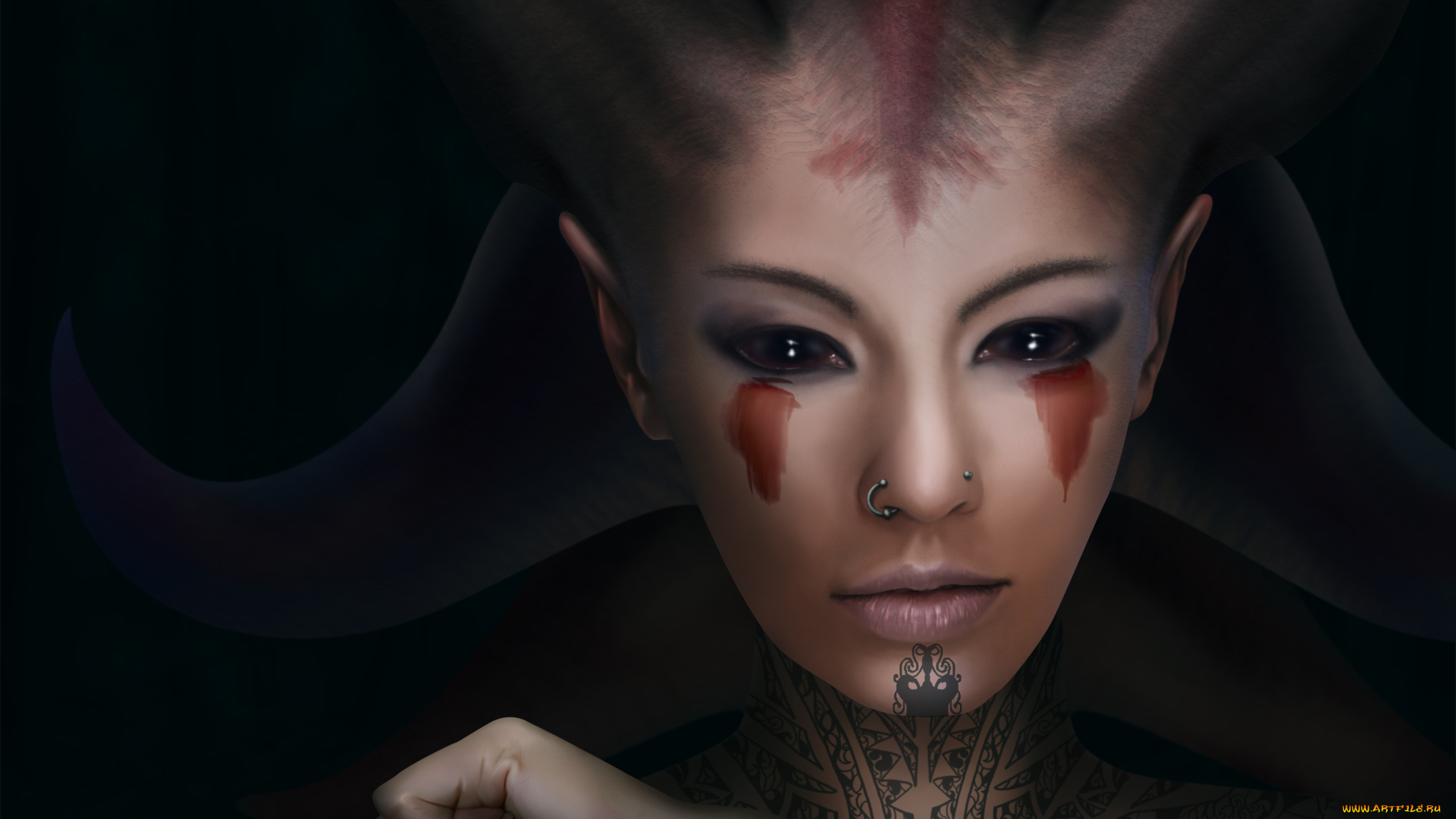 фэнтези, существа, существо, пирсинг, взгляд, фон, девушка